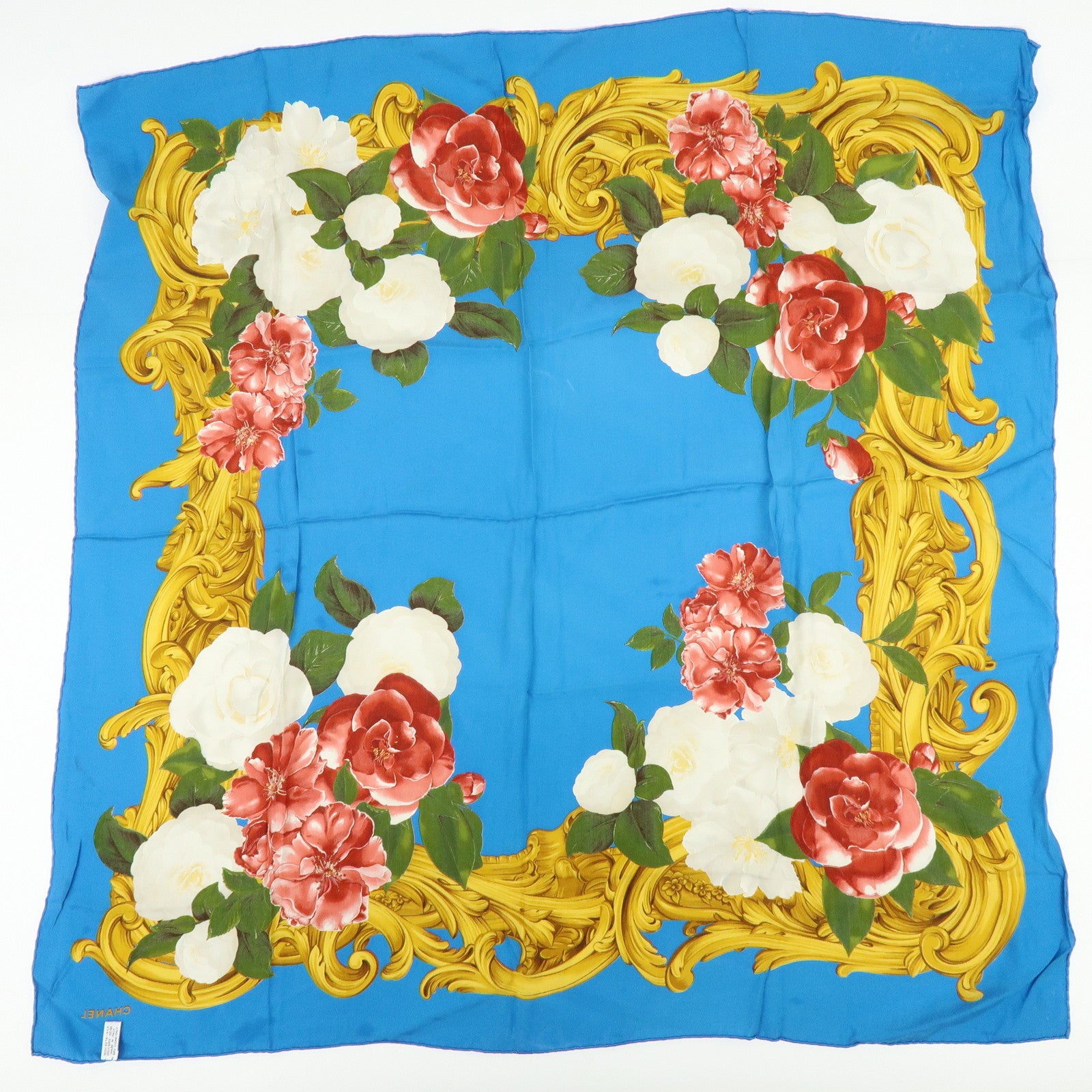 CHANEL Silk 100% Scarf Camellia Flower Motif Blue Gold Red