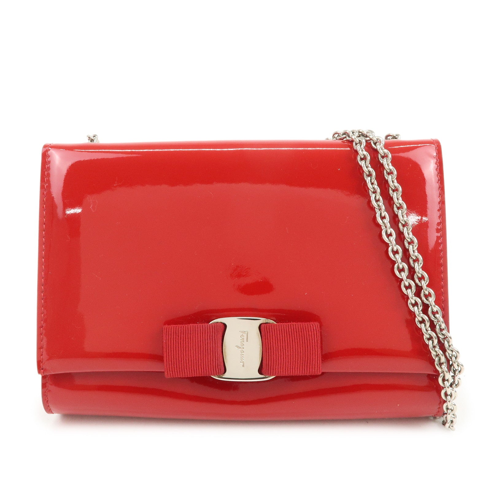 Ferragamo Vara Ribbon Patent Leather Shoulder Bag Crossbody Bag Red