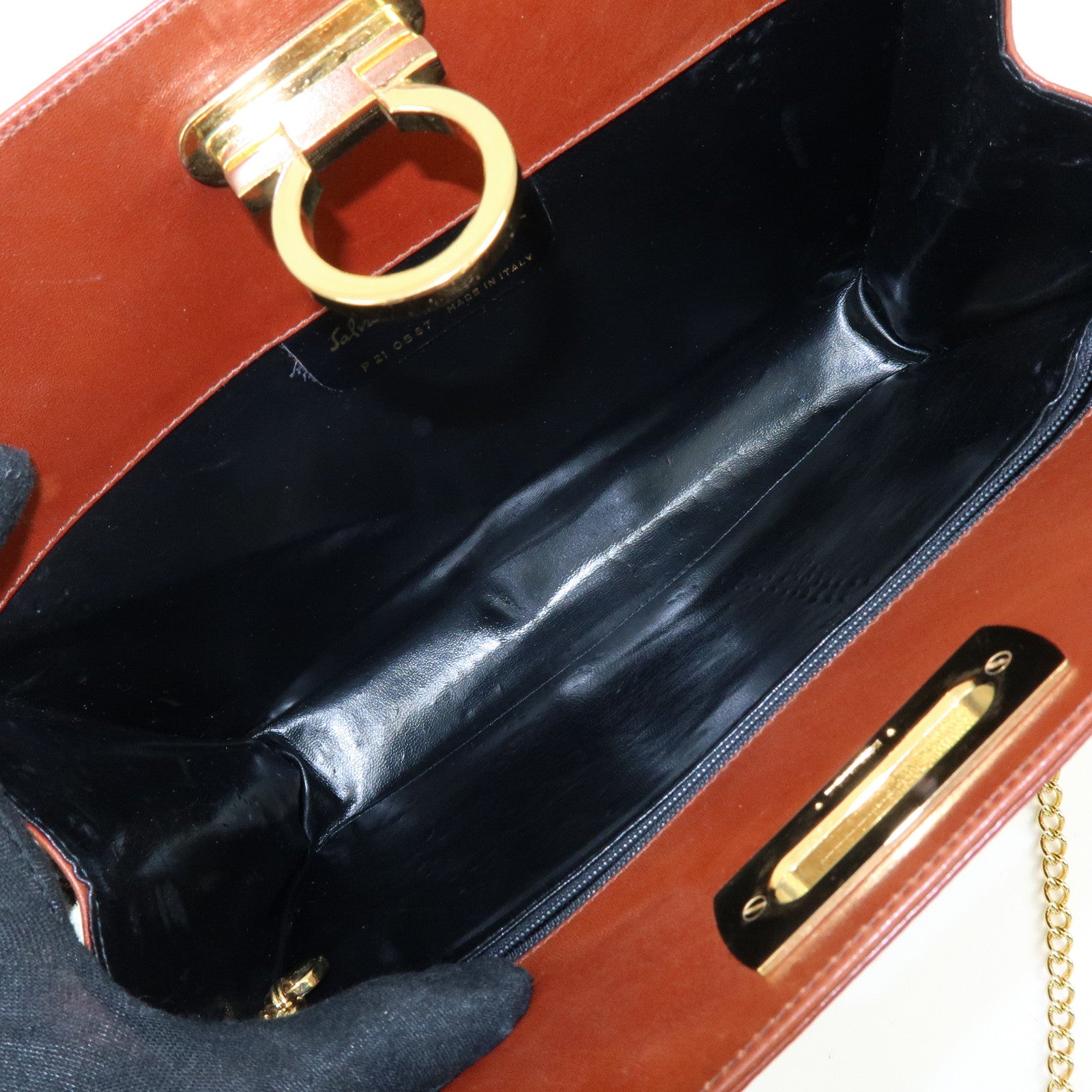 Ferragamo Gancini Calf Skin Leather Chain Shoulder Bag Brown