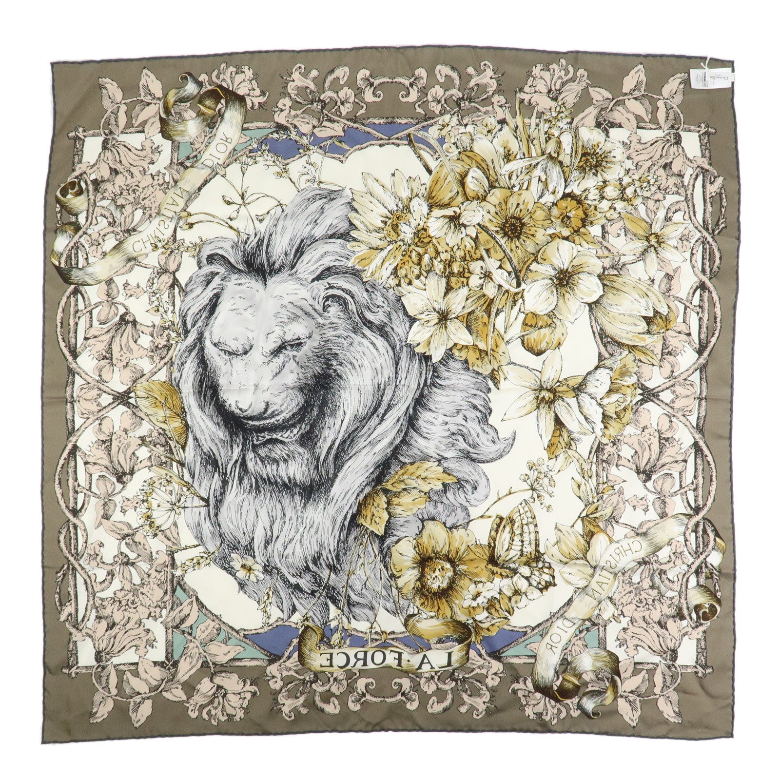 Christian Dior Logo Silk 100% Lion Flowers Scarf White Navy