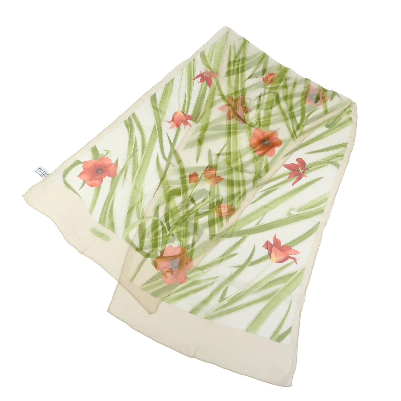 Ferragamo Silk 100% Scarf Flower Motif Ocha-Ken Beige Green Red