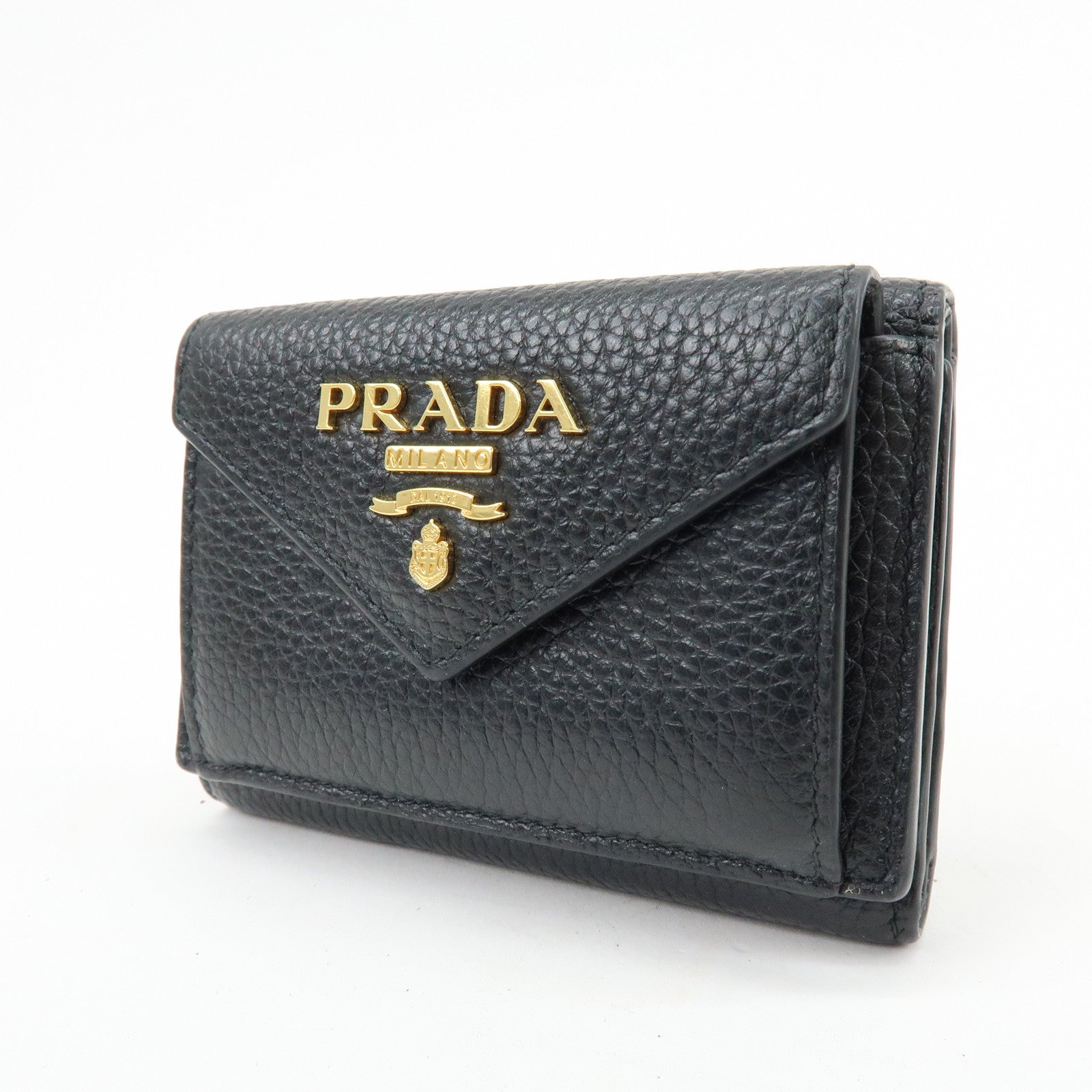 PRADA Logo Saffiano Leather Tri-fold Compact Wallet Black 1MH021