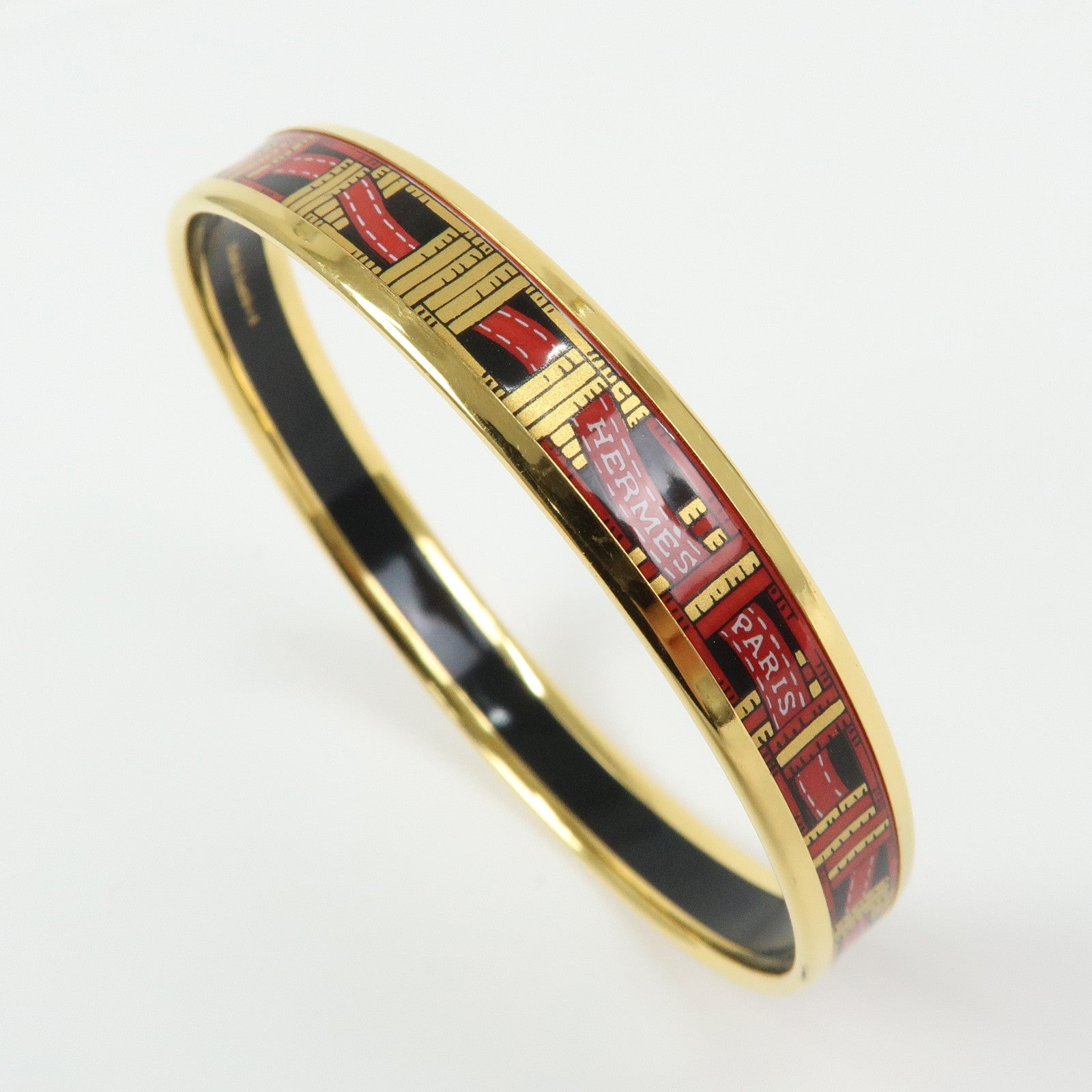 HERMES Email PM Bracelet Bangle Ribbon Motif Metal Gold Red Black