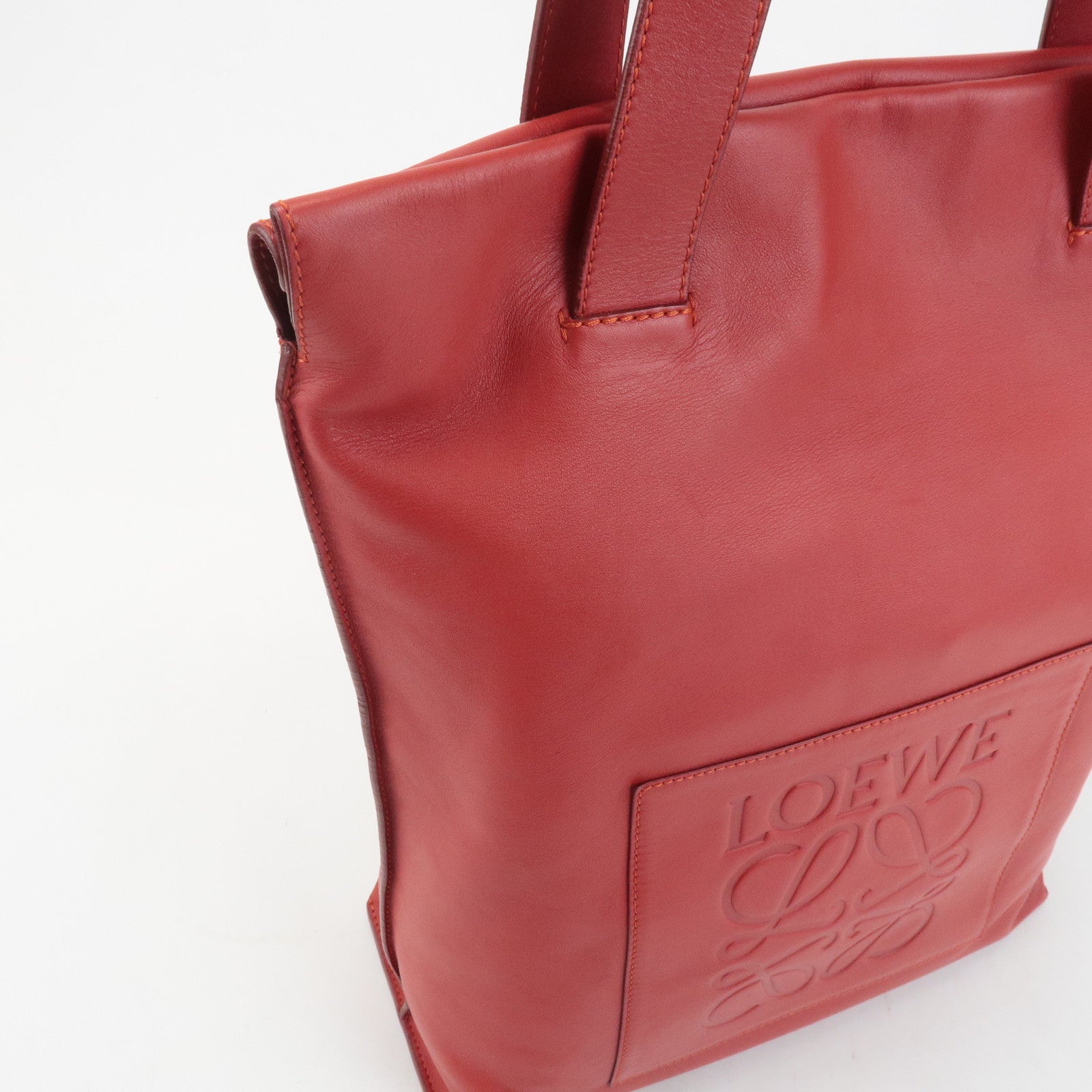 LOEWE Anagram Leather Shopper Tote Bag Shoulder Bag Red Used