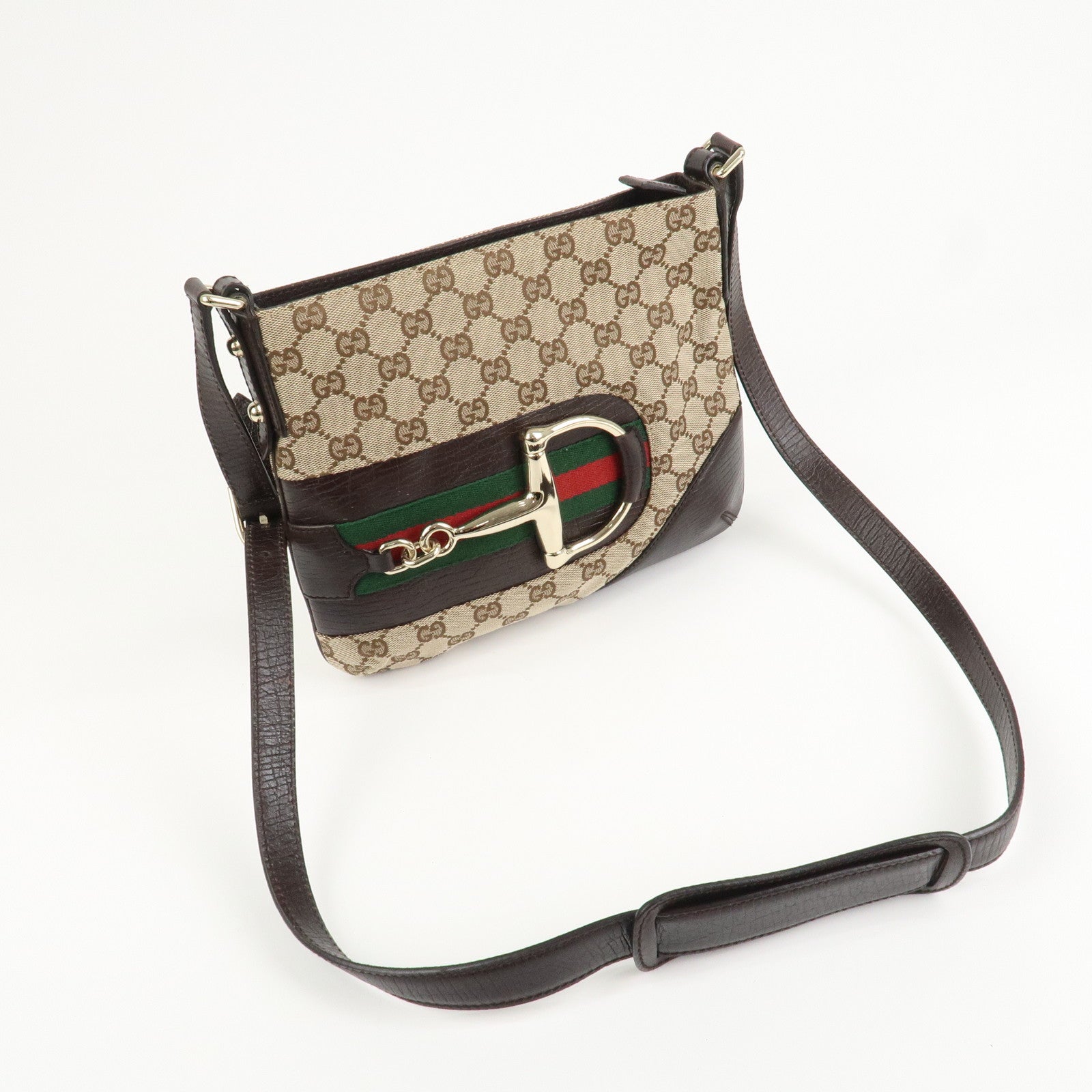 GUCCI Horsebit Sherry GG Canvas Leather Shoulder Bag Brown 17004