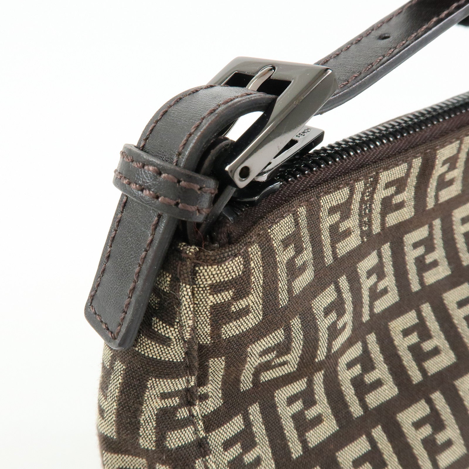FENDI Zucchino Canvas Leather Hand Bag Pouch Brown 8N0005