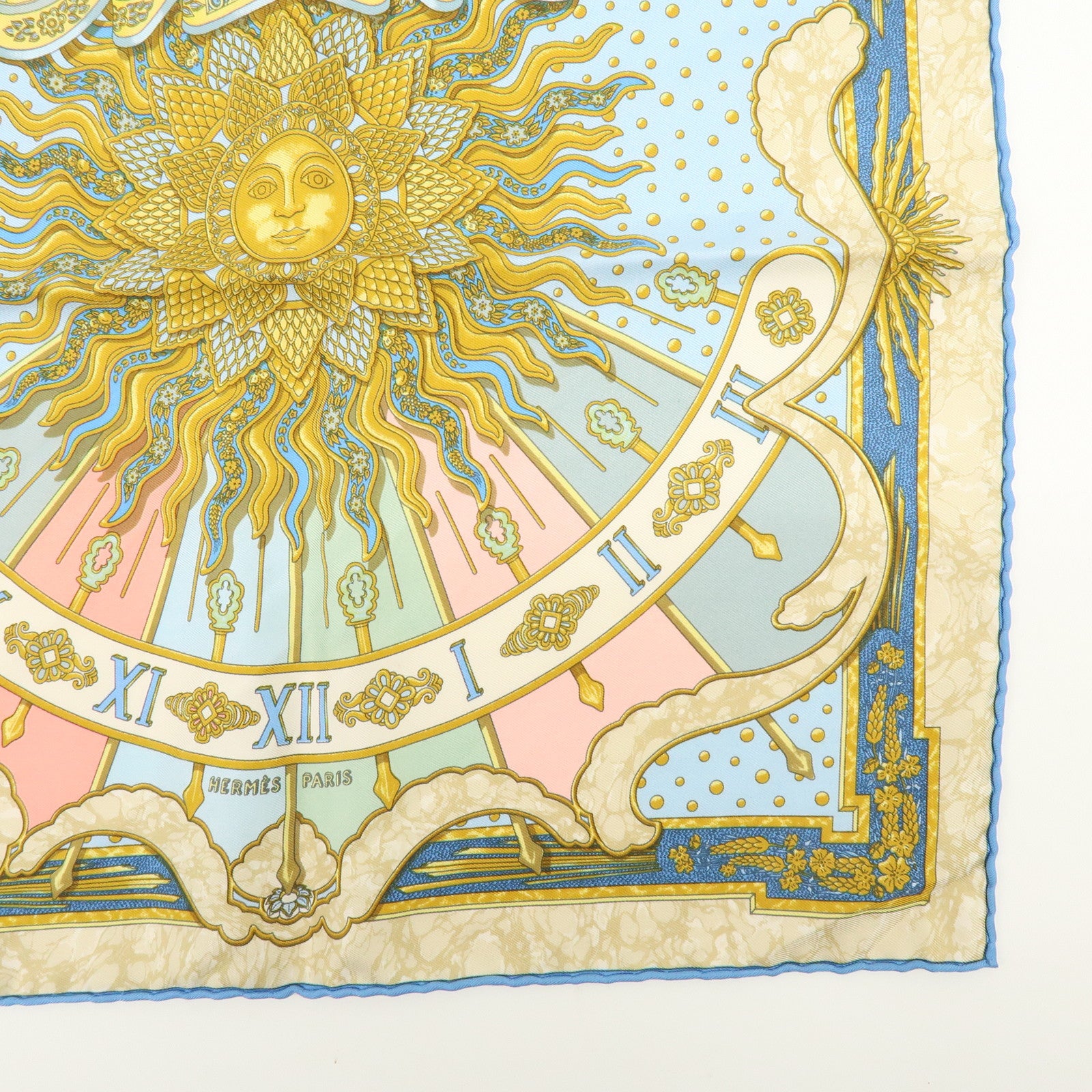 HERMES Carre 40 Silk 100% GLORIA SOLI Scarf Light Blue Gold