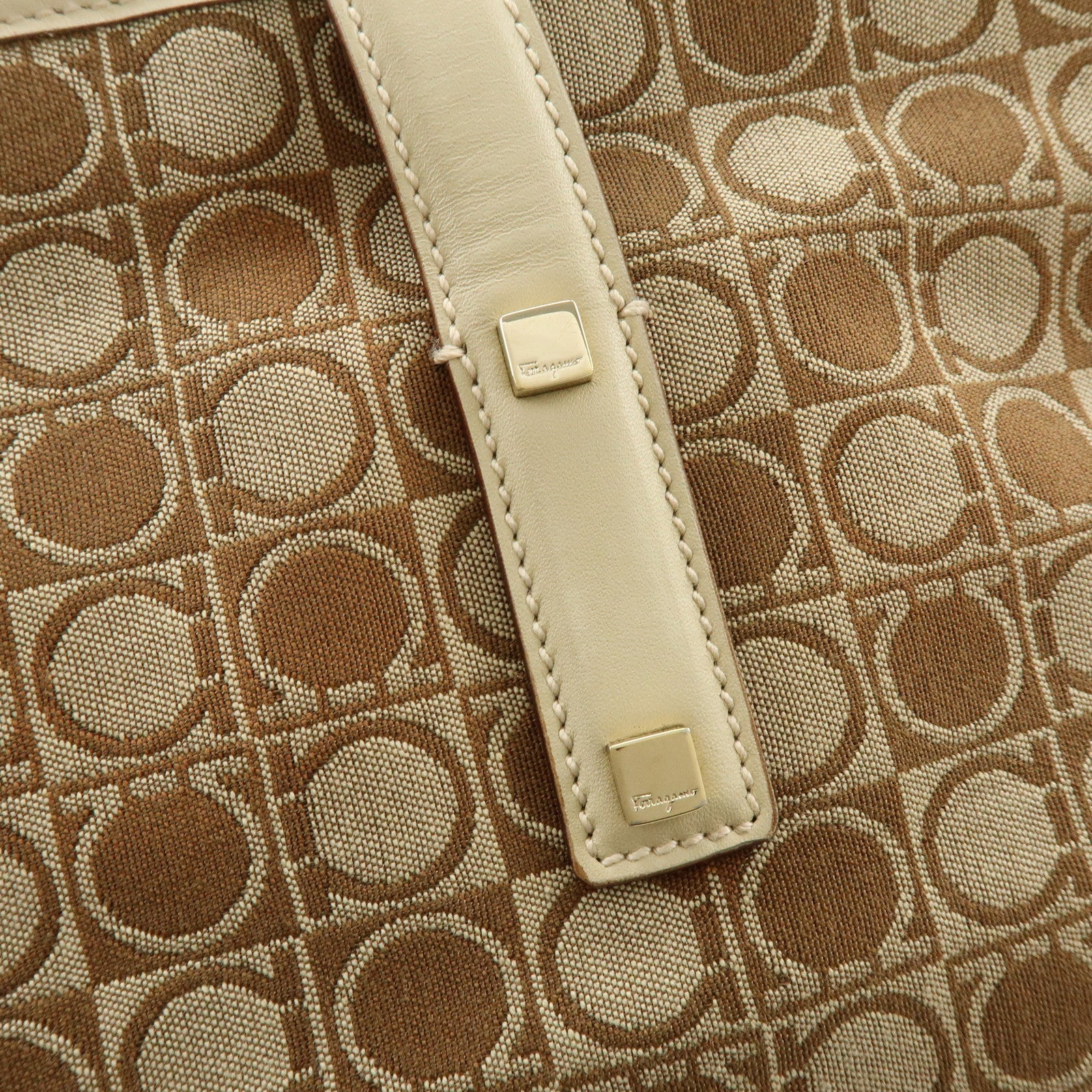 Ferragamo Gancini Canvas Leather Tote Bag Hand Bag Brown Beige
