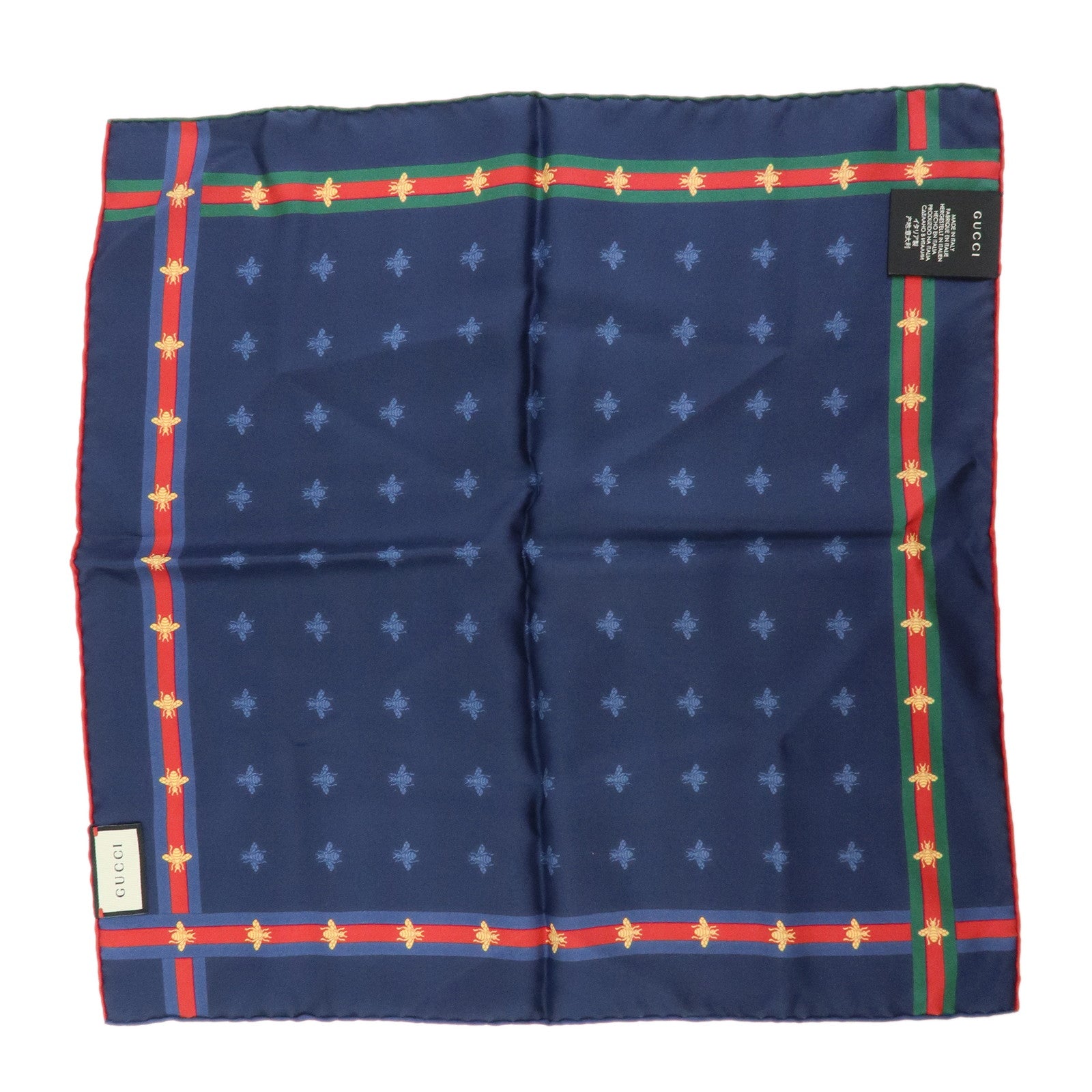 GUCCI Silk 100% Scarf 42x42 Bee Motif Navy