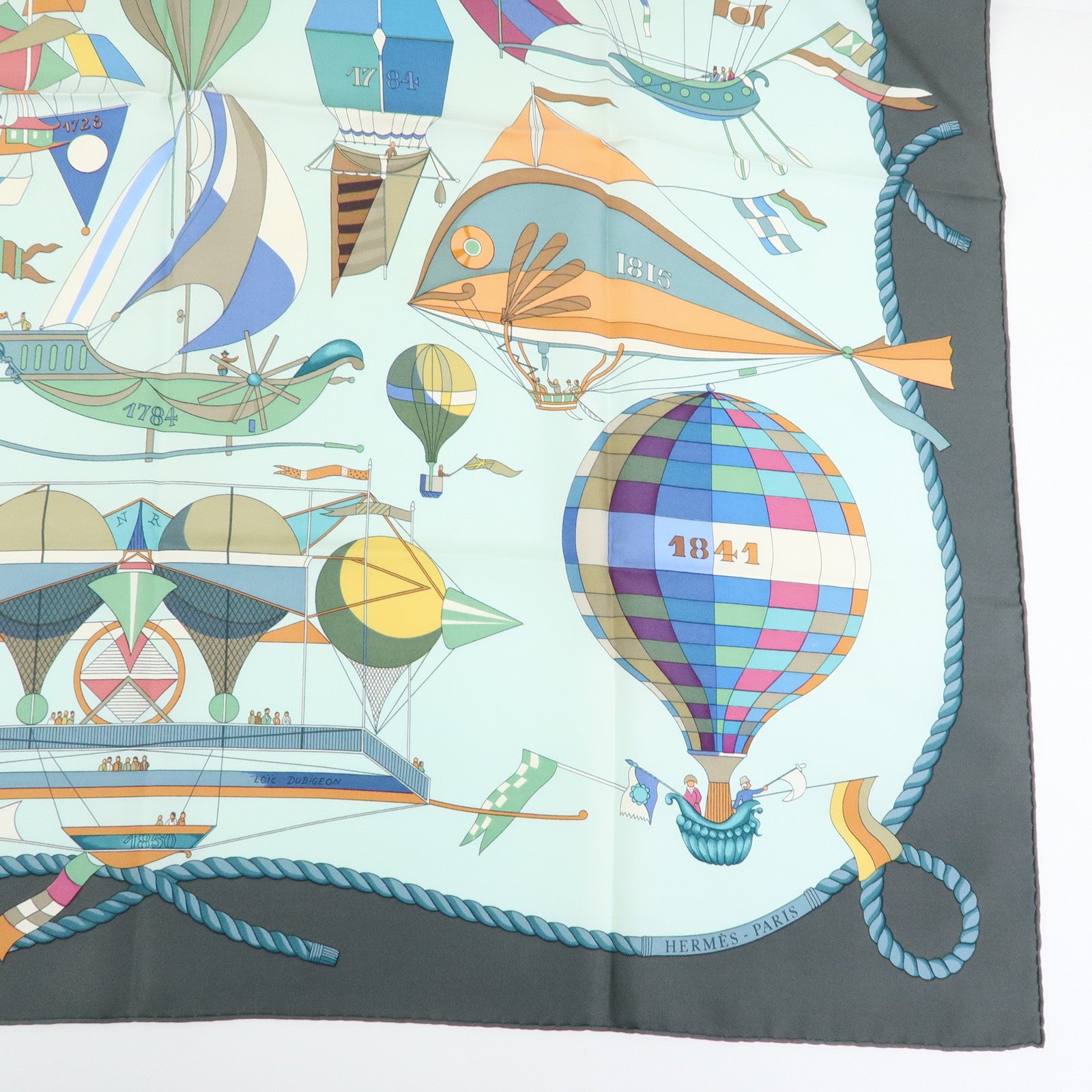 HERMES Carre 90 Silk 100% Scarf LES FOLIES DU CIEL Light Green Gray