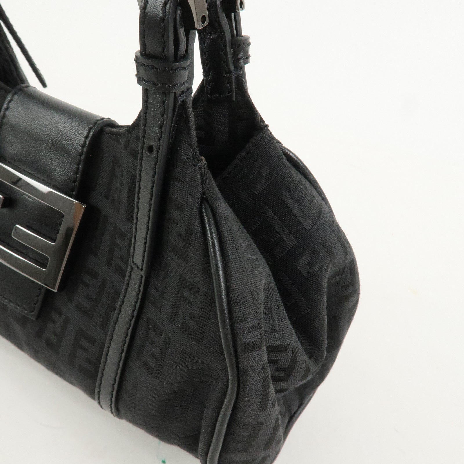 FENDI Zucchino Canvas Leather Hand Bag Shoulder Bag Black 8BR437