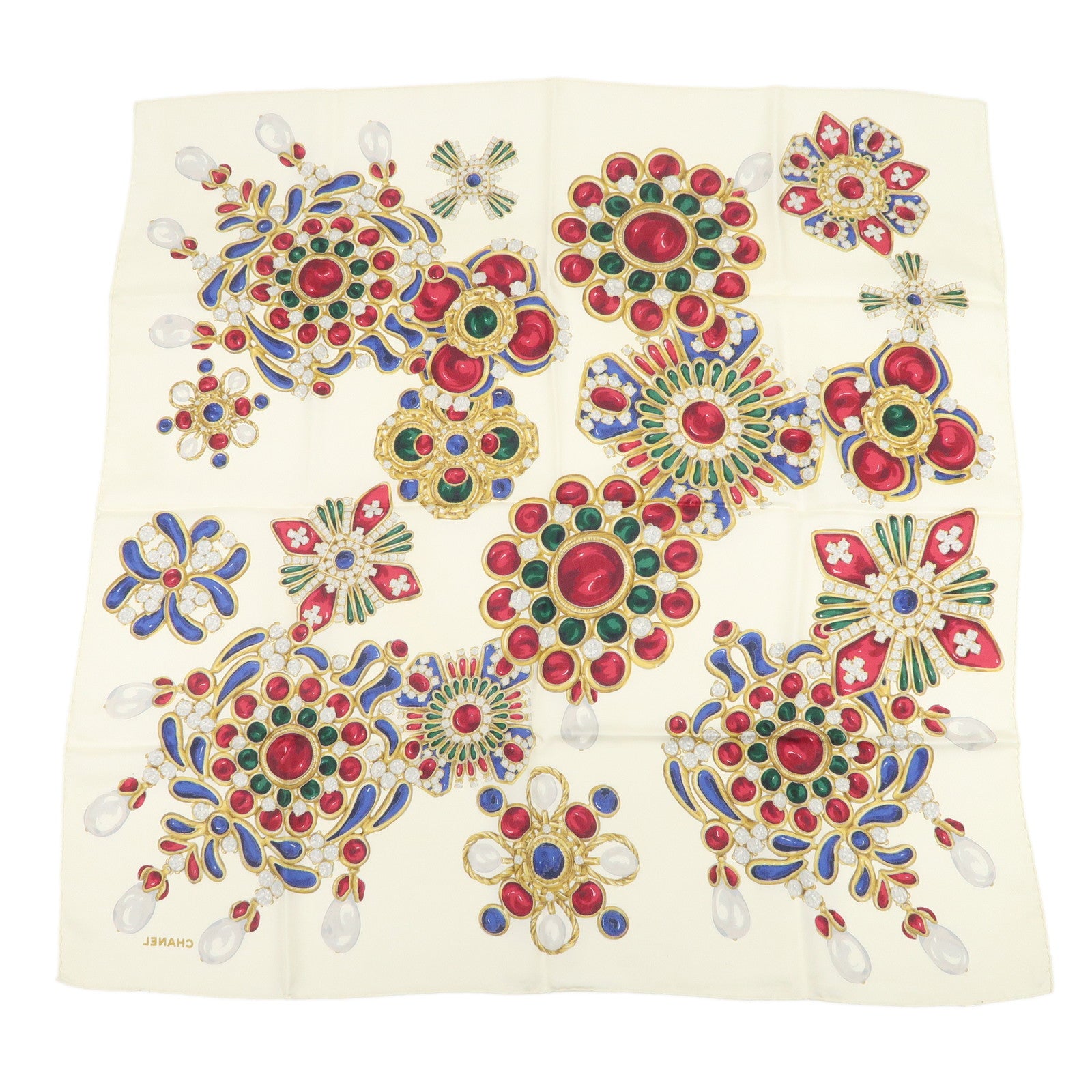 CHANEL Silk 100% Gripoix 86×86 Scarf Ivory Multicolor