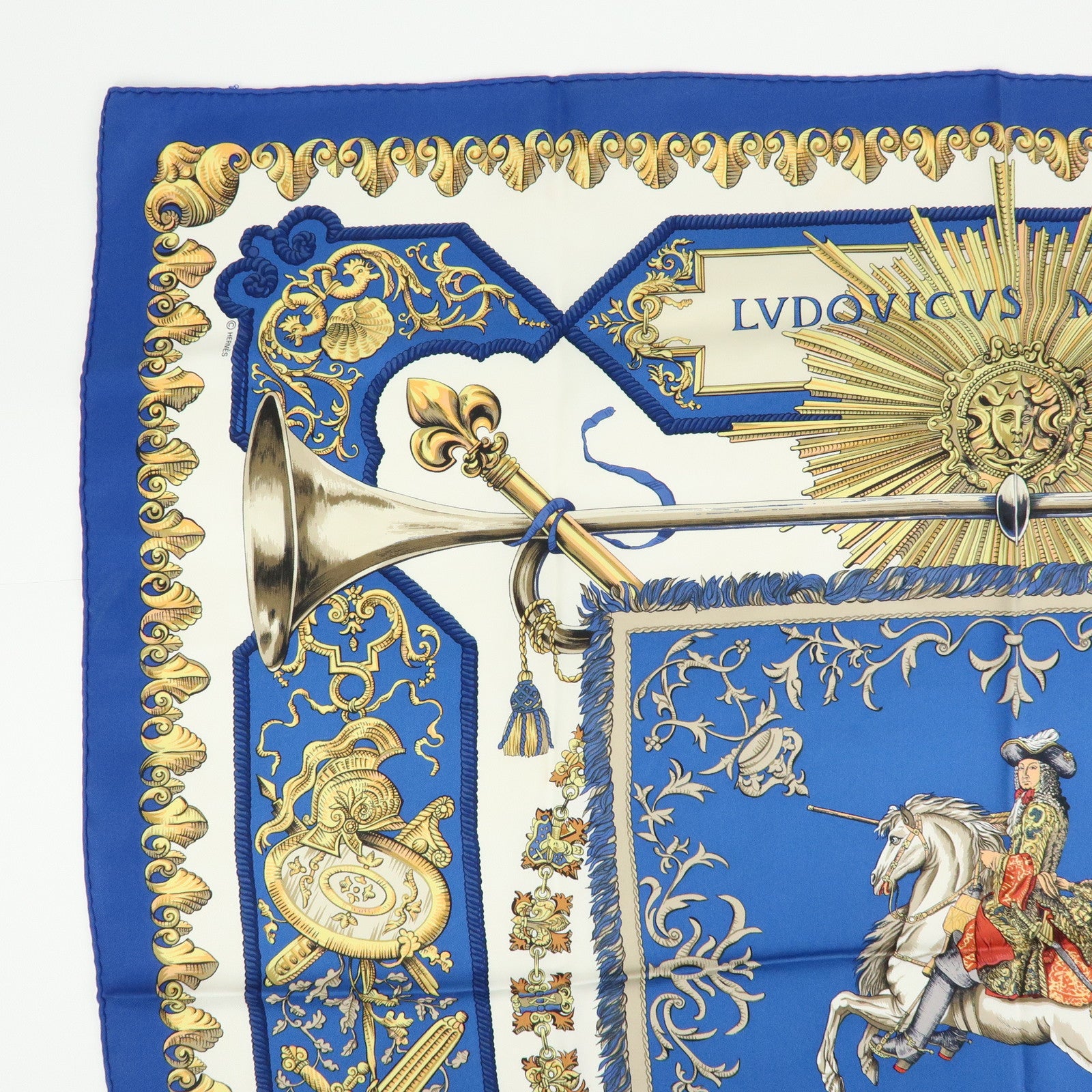 HERMES Carre 90 Silk 100% LVDOVICVS MAGNVS Scarf Blue Gold