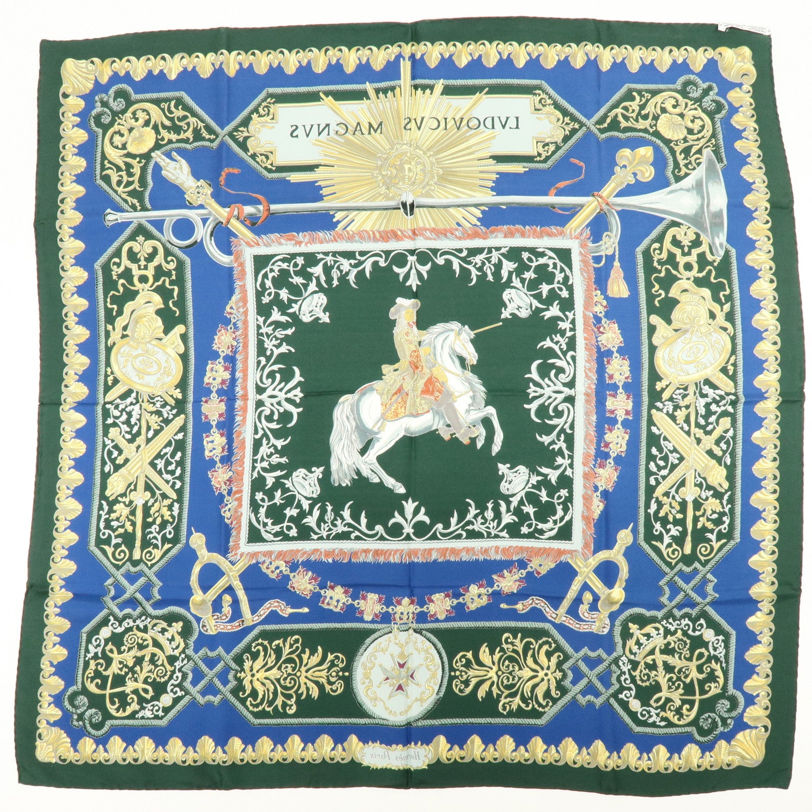 HERMES Carre 90 Silk 100% LVDOVICVS MAGNVS Scarf Green