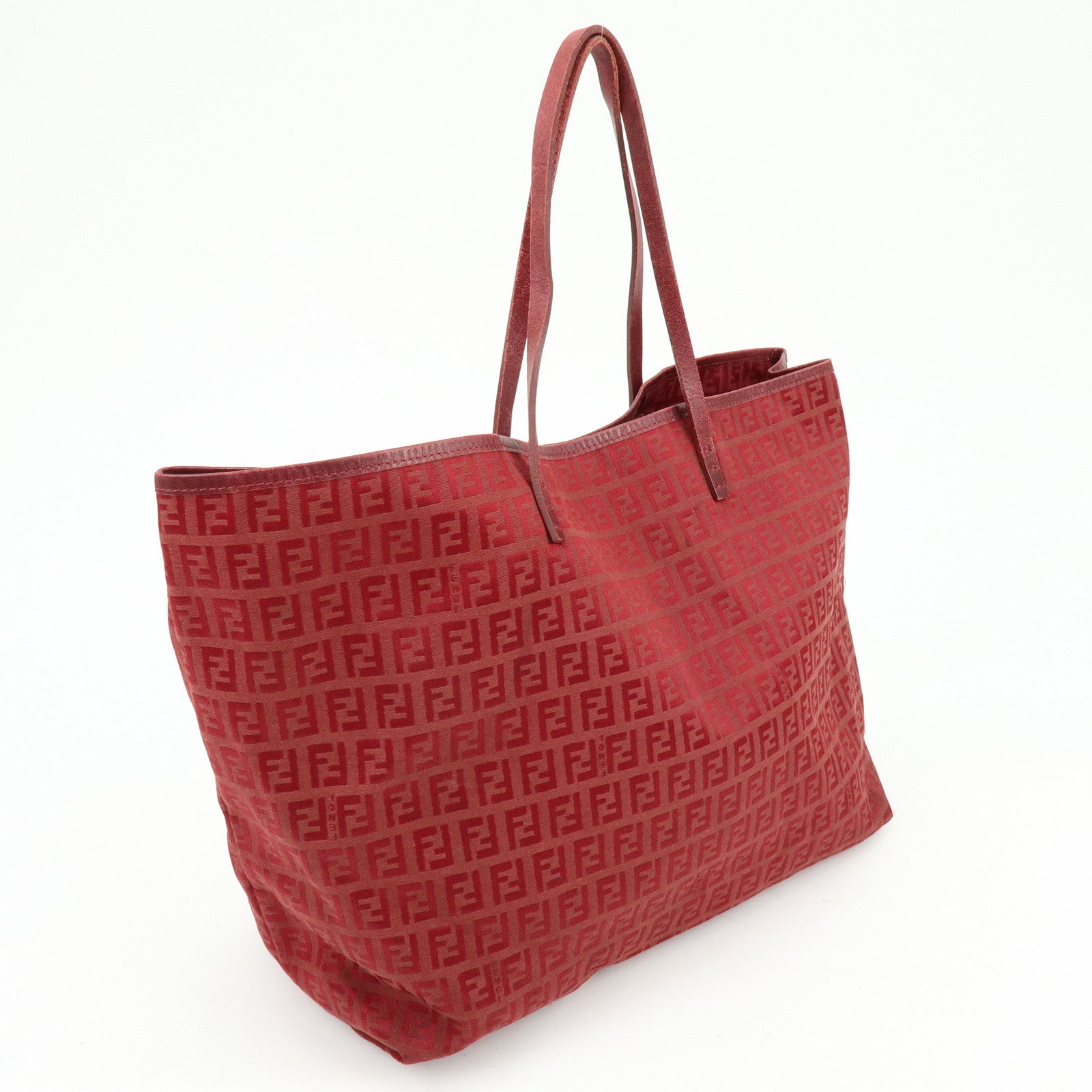 FENDI Zucchino Canvas Leather Tote Bag Shoulder Bag Red 8BH005
