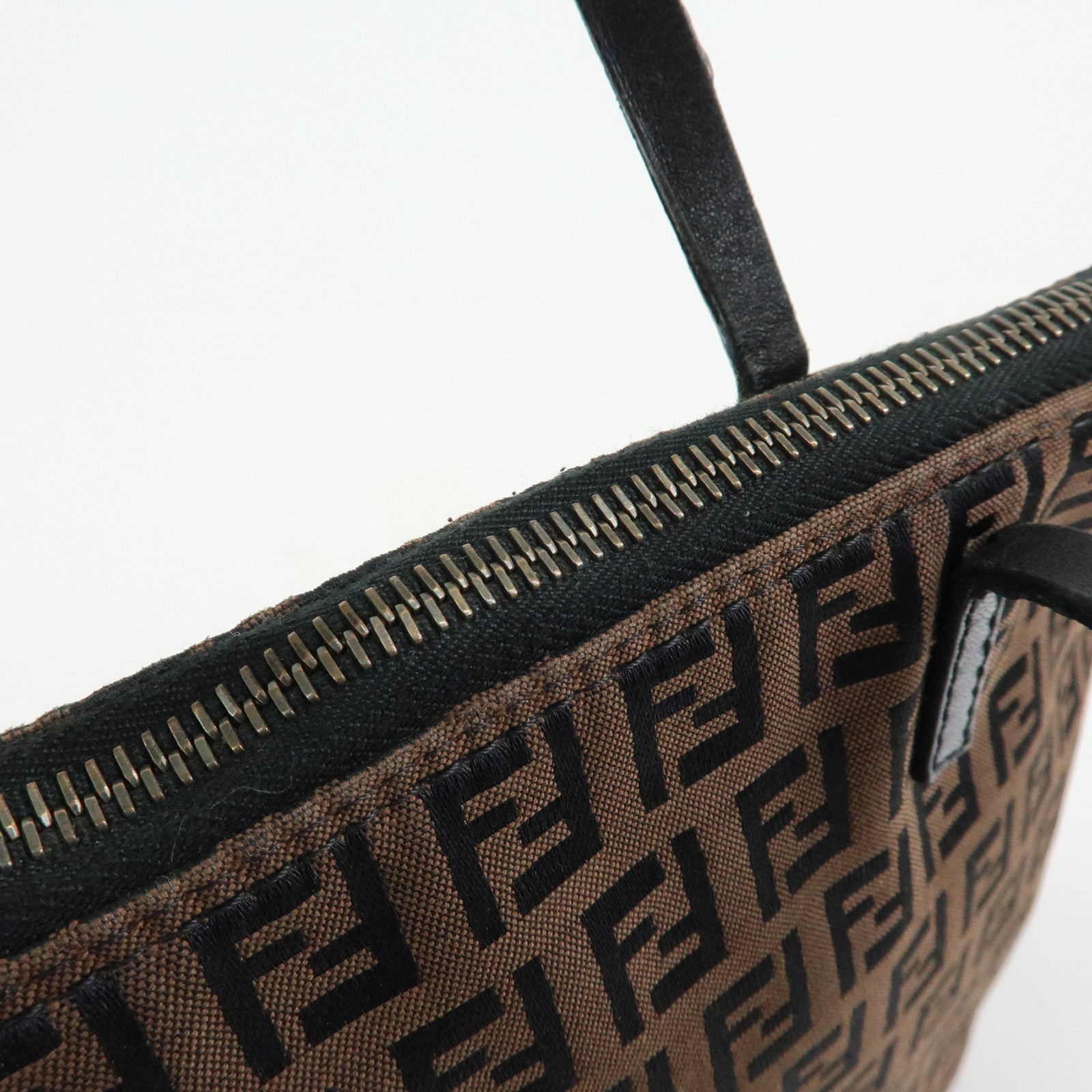 FENDI Zucchino Canvas Leather Tote Shoulder Bag Brown Black 8BH023