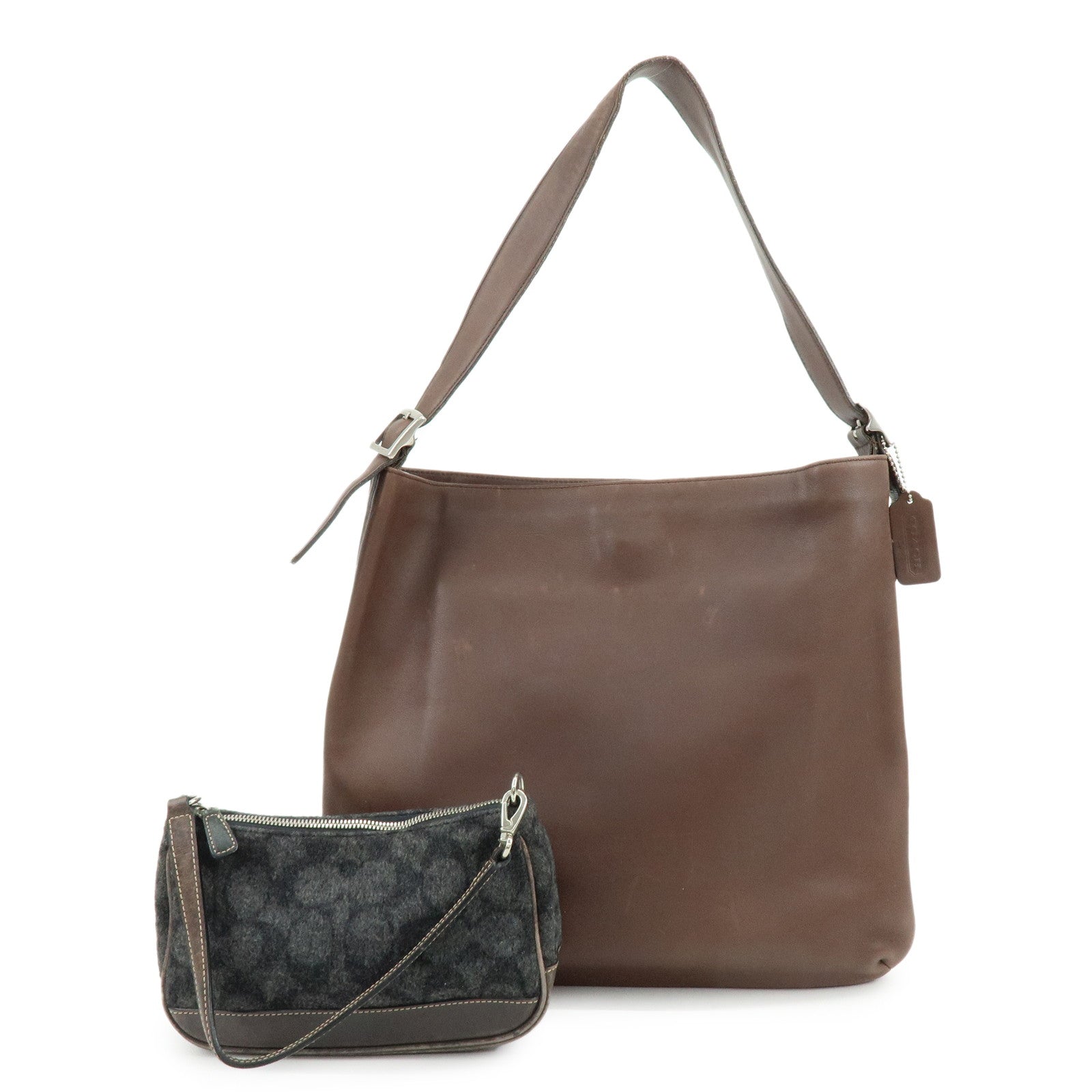 COACH Set of 2 Wool Leather Shoulder Bag Hand Bag Gray Brown