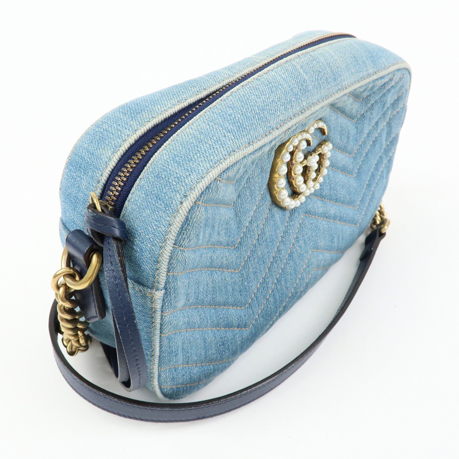 GUCCI GG Marmont Denim Leather Shoulder Bag Indigo Blue 447632