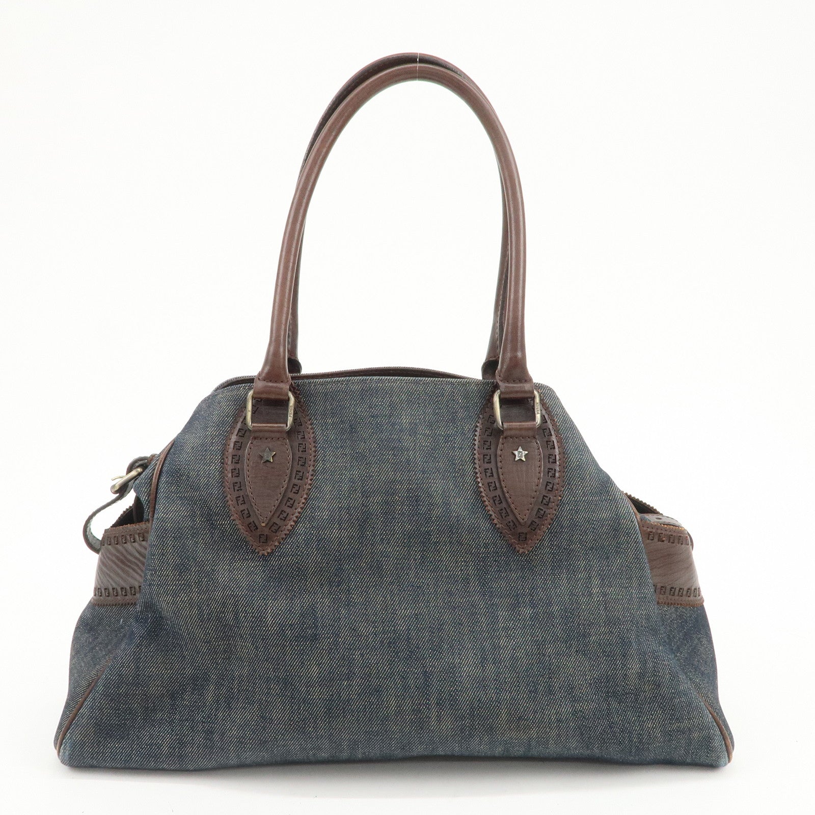 FENDI Etonico Denim Leather Tote Bag Shoulder Bag Brown 8BN162