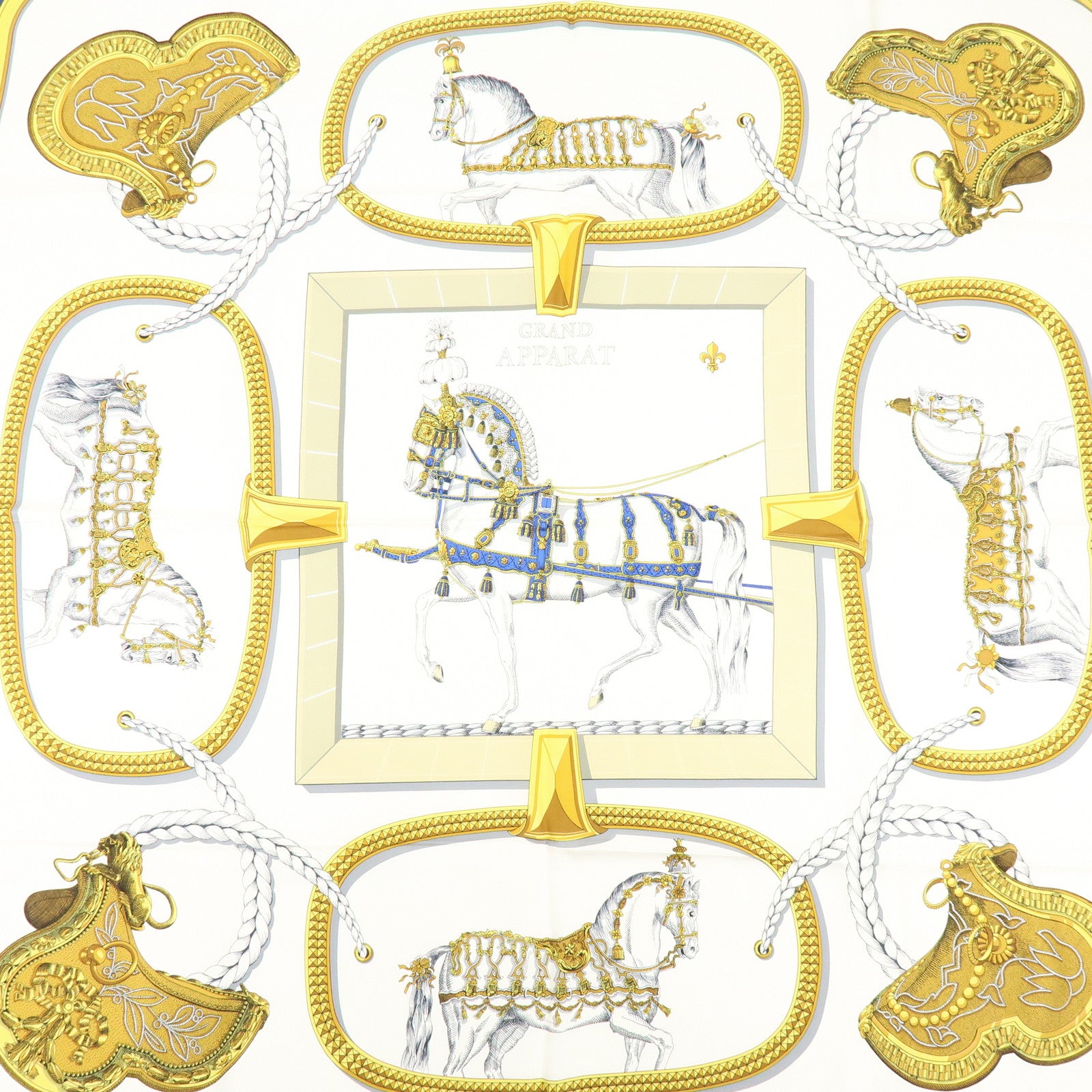 HERMES Carre 90 Silk 100% Scarf GRAND APPARAT Navy White Gold