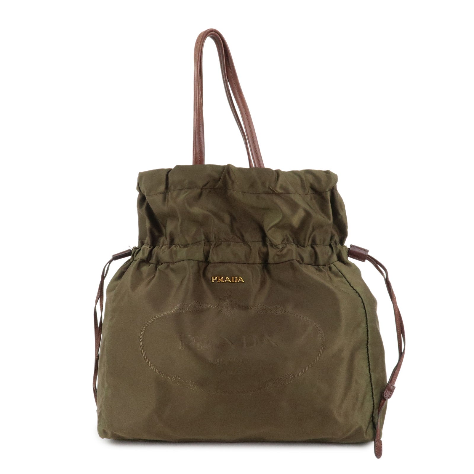 PRADA Logo Nylon Leather Drawstring Tote Bag Shoulder Bag Brown