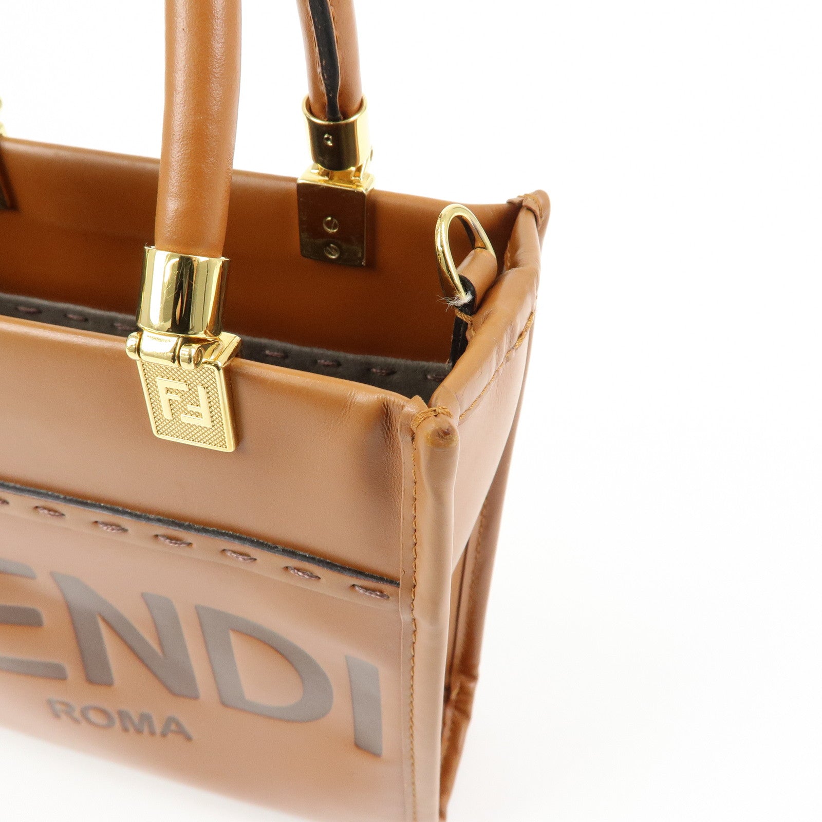 FENDI Leather Sunshine Shopper Small 2Way Hand Bag Brown 8BS092
