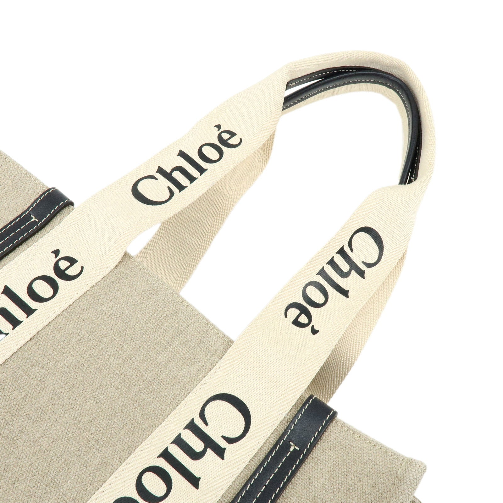 Chloe Woody Medium Canvas Leather Tote Bag Natural Navy