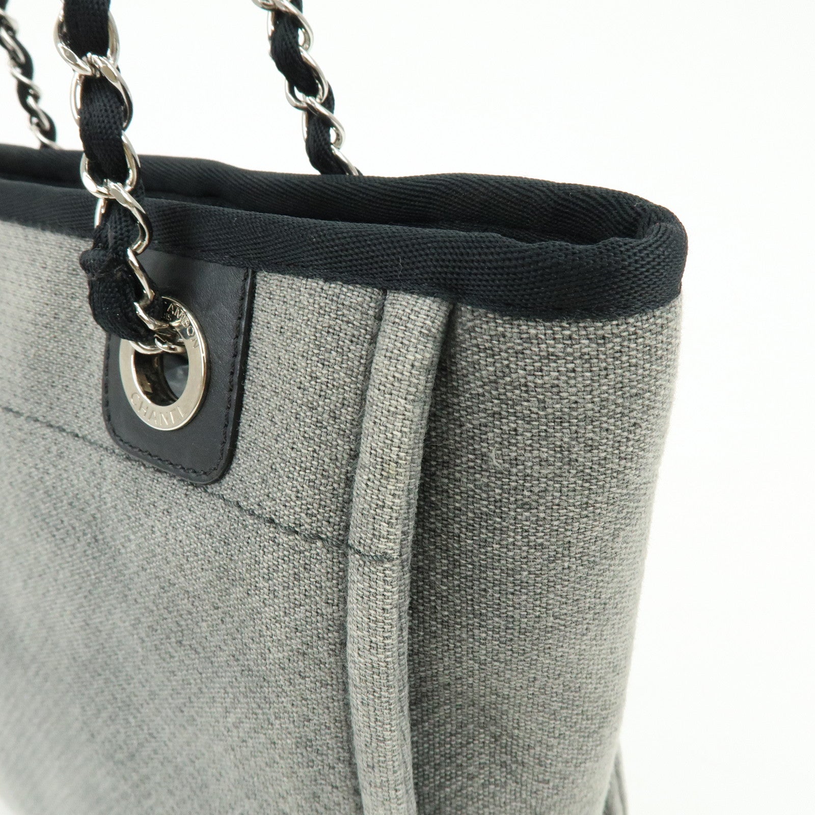 CHANEL Deauville PM Canvas Leather Chain Tote Bag Grey A66939