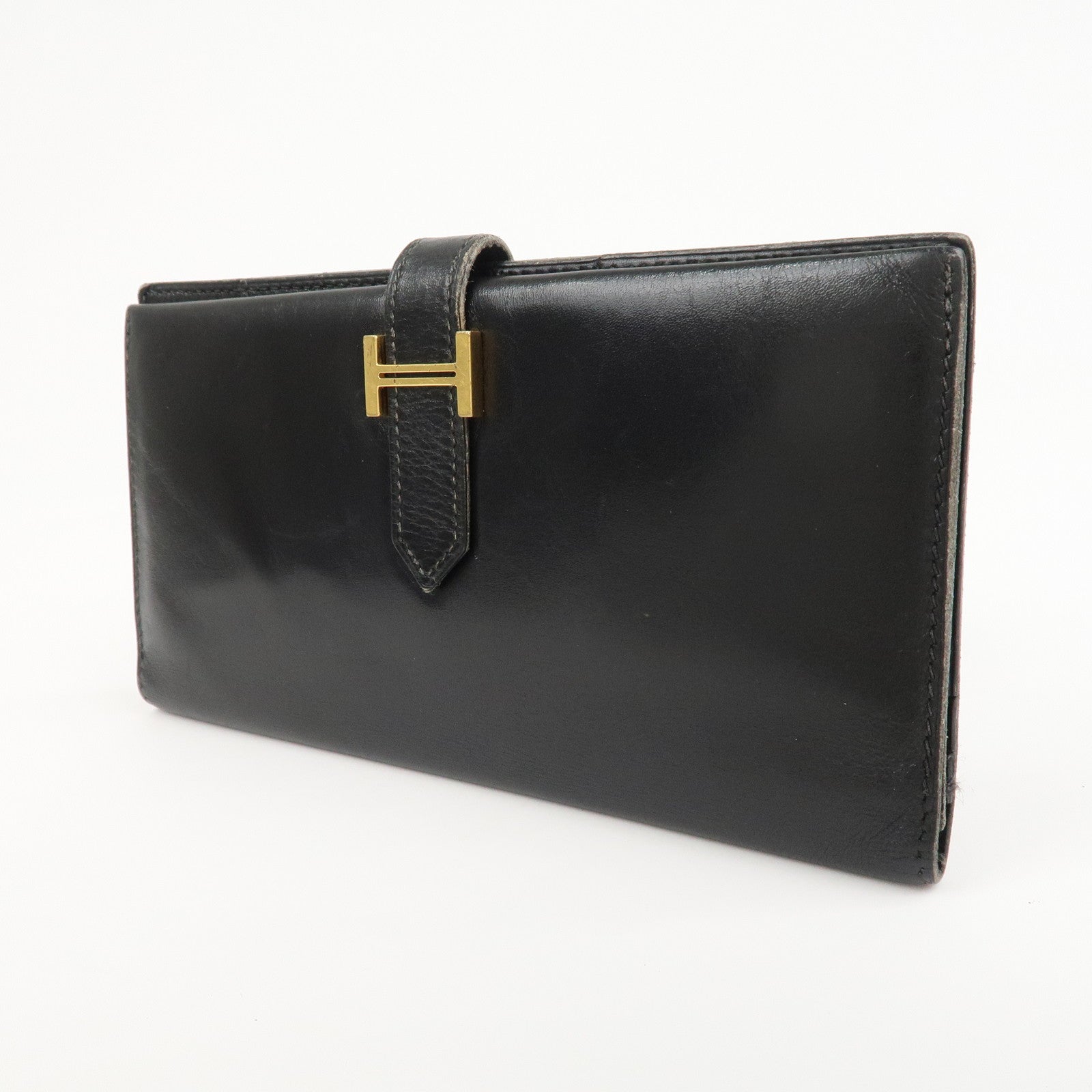 HERMES Box Calf Leather Beant Classic Long Wallet Black