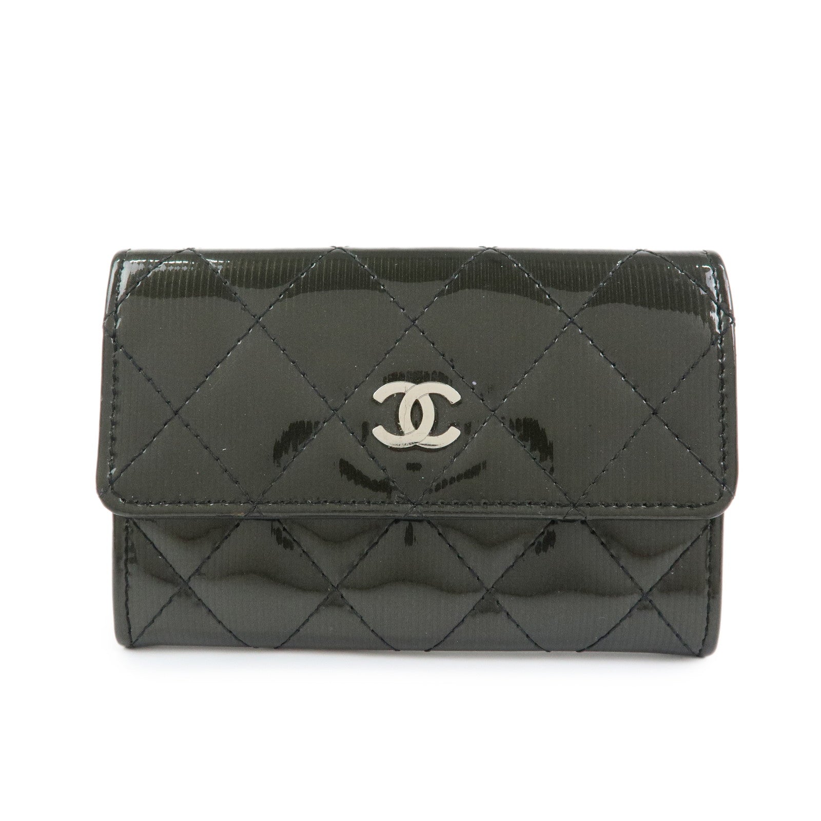 CHANEL COCO Mark Matelasse Patent Leather Card Case Black