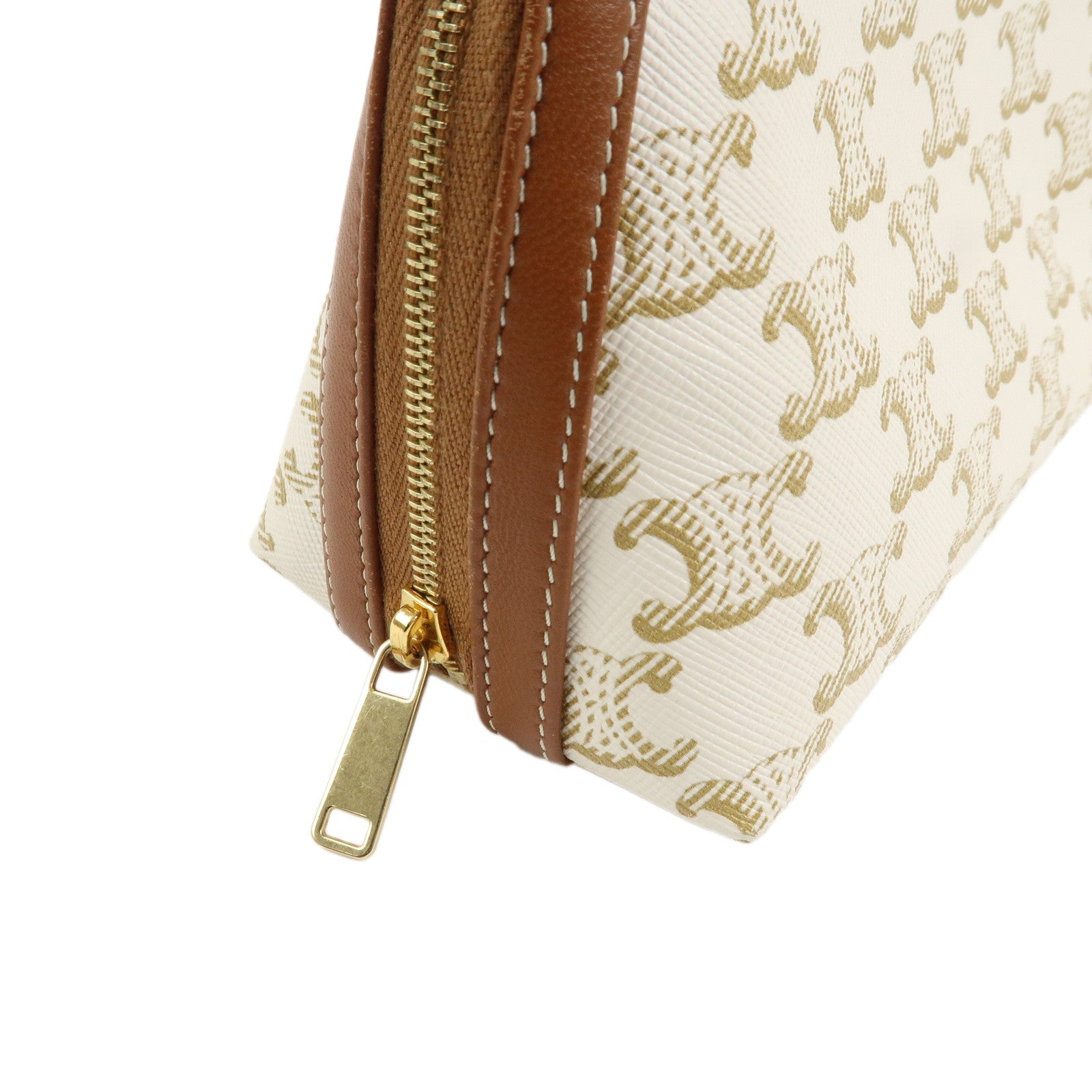 CELINE Triomphe Canvas Lamb Skin Chain Shoulder Bag Ivory Brown