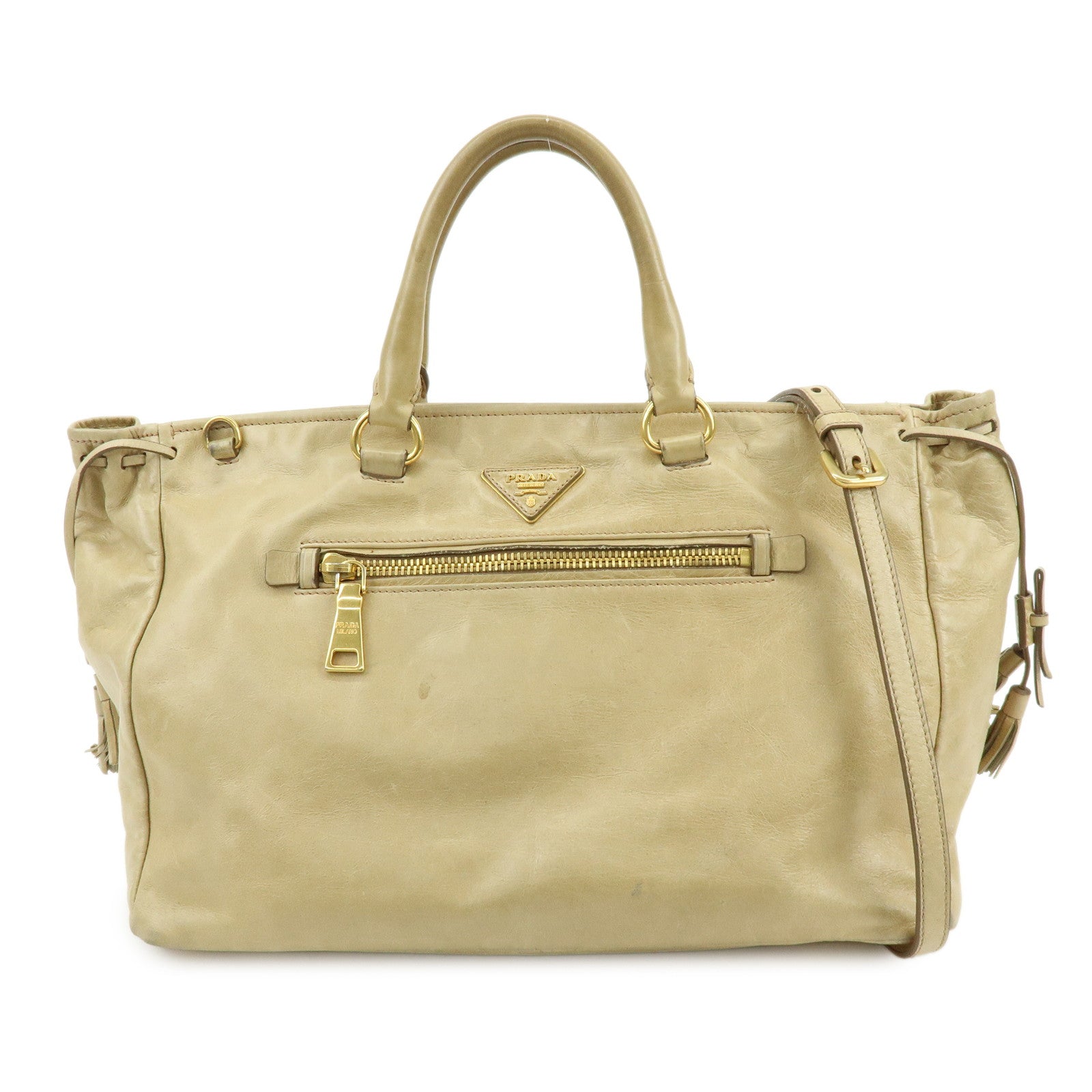 PRADA Logo Leather 2Way Shoulder Bag Hand Bag BN1921 Beige