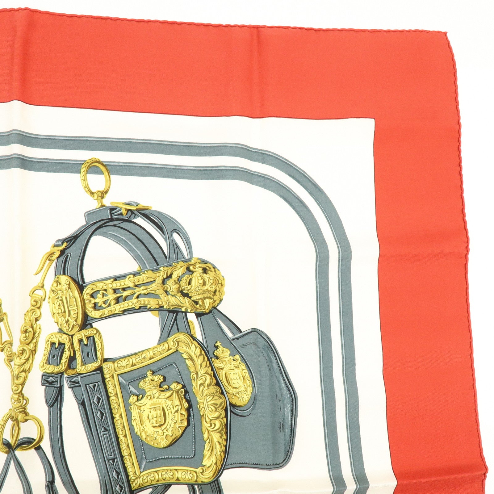 HERMES Carre 90 Silk 100% BRIDES DE GALA Scarf White Red