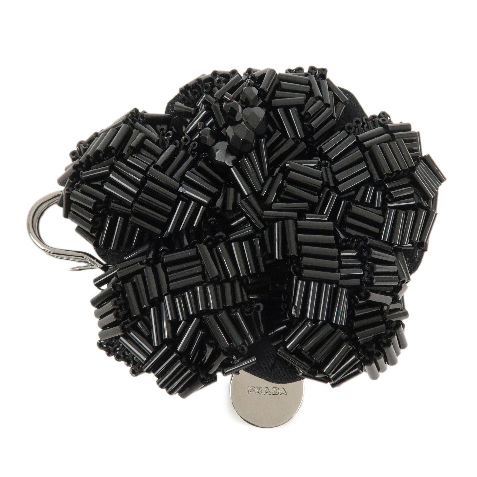 PRADA Beads Organdy Brooch Flower Silver HDW Black P7428R