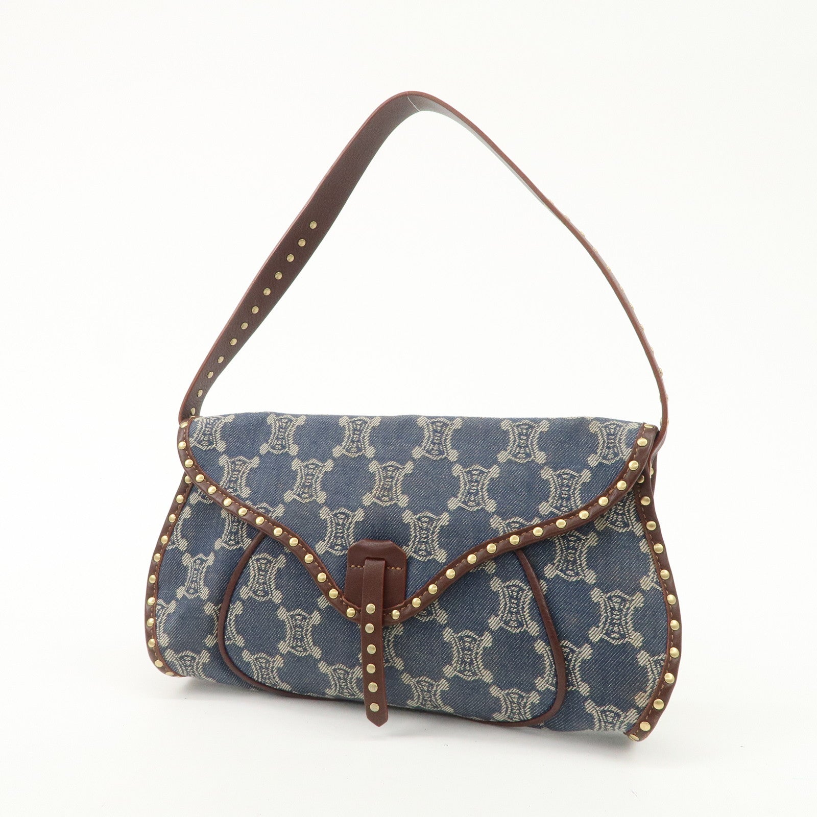 CELINE Macadam Studs Denim Leather Shoulder Bag Dark Brown Navy Used