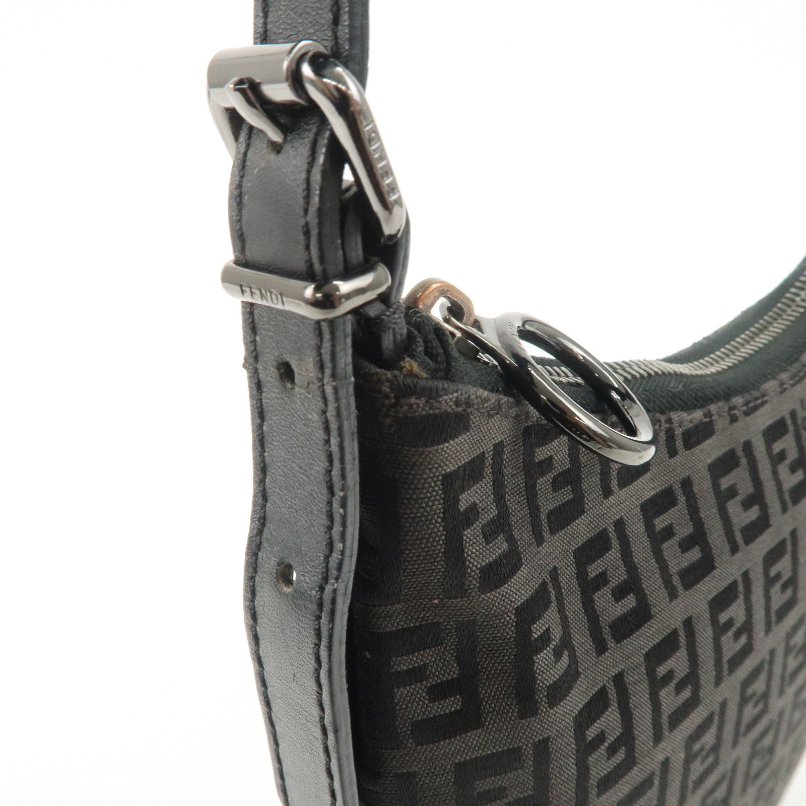 FENDI Zucchino Canvas Leather Shoulder Bag Hand Bag Black 8BR248