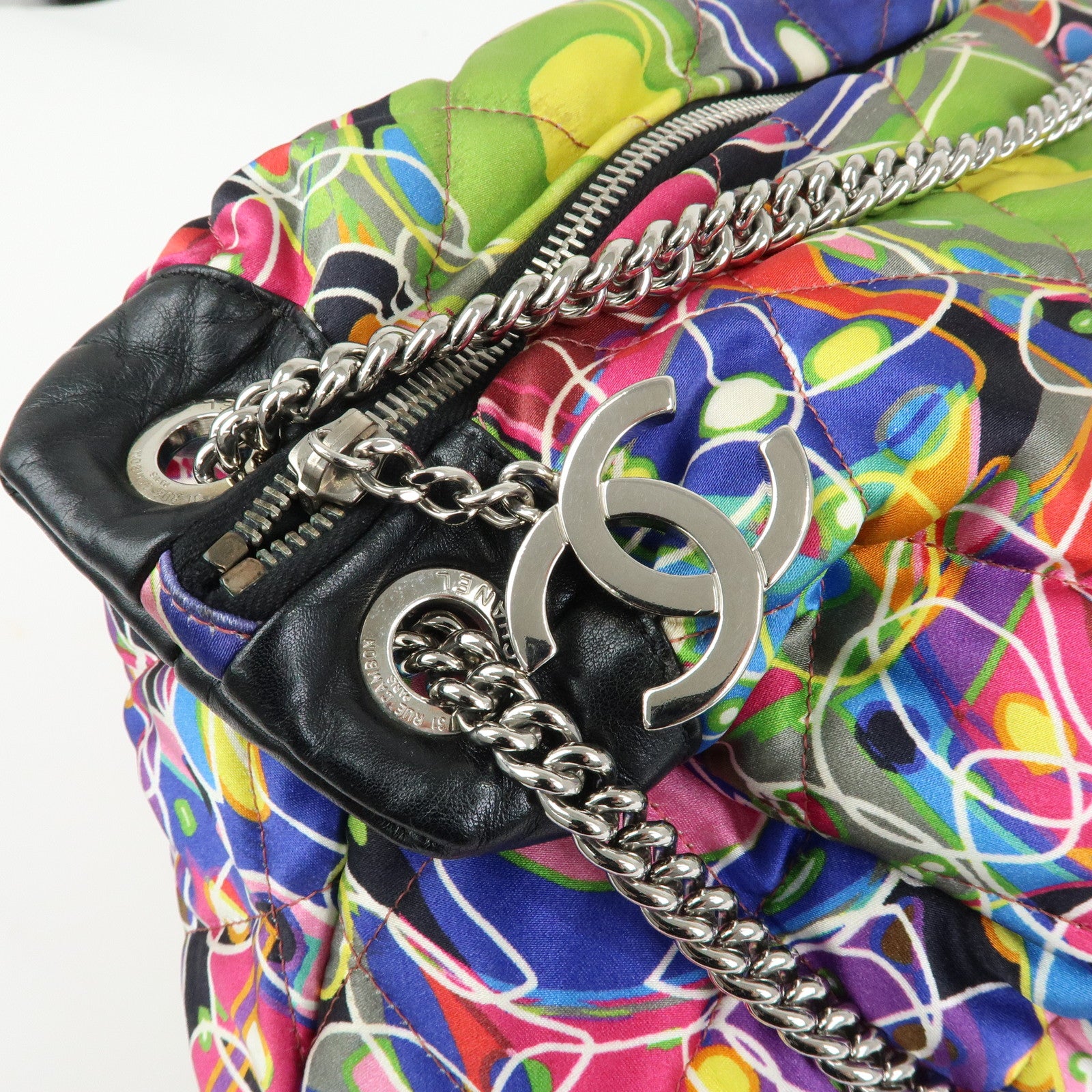 CHANEL Silk Leather Quilting Chain Shoulder Bag Hand Bag Multicolor