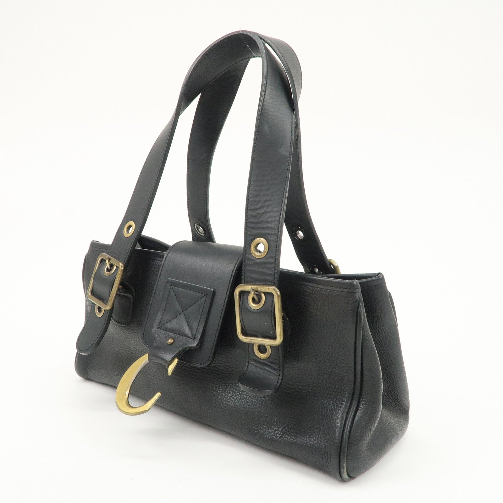 Chloe Logo Leather Shoulder Bag Hand Bag Black Gold Hardware Used