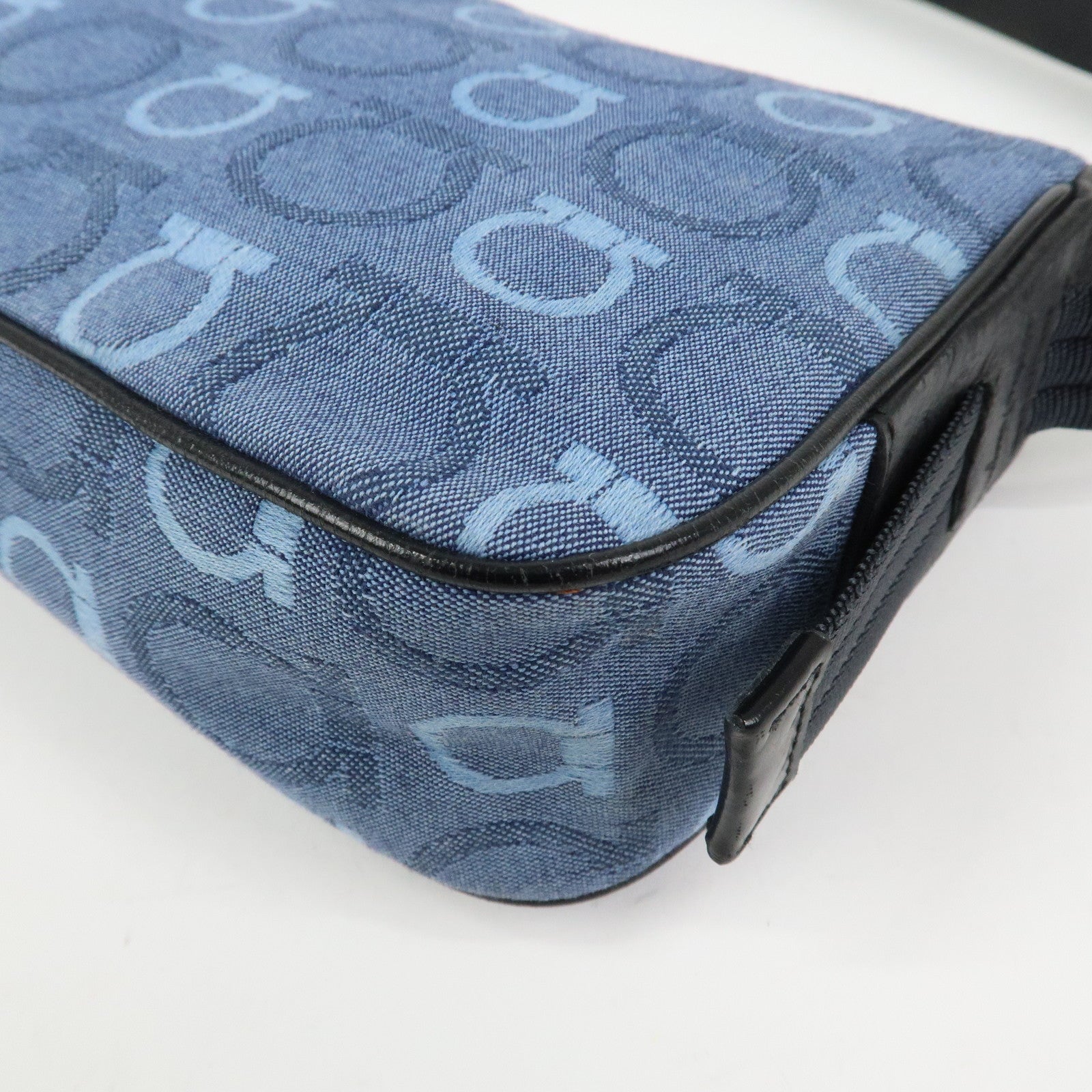 Ferragamo Gancini Canvas Leather Shoulder Bag Blue Black