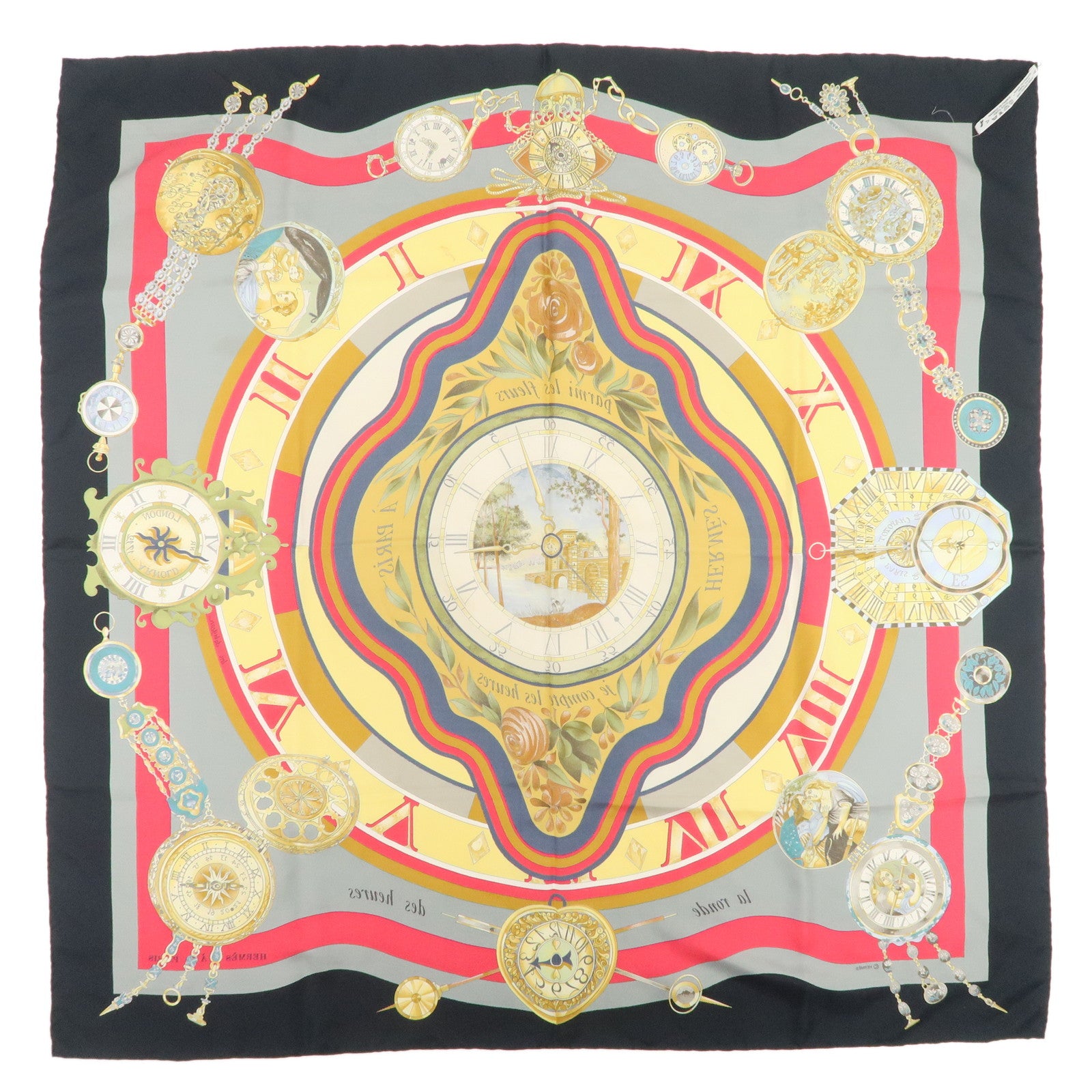 HERMES Carre 90 Silk 100% Scarf La Ronde Des Heures Multicolor