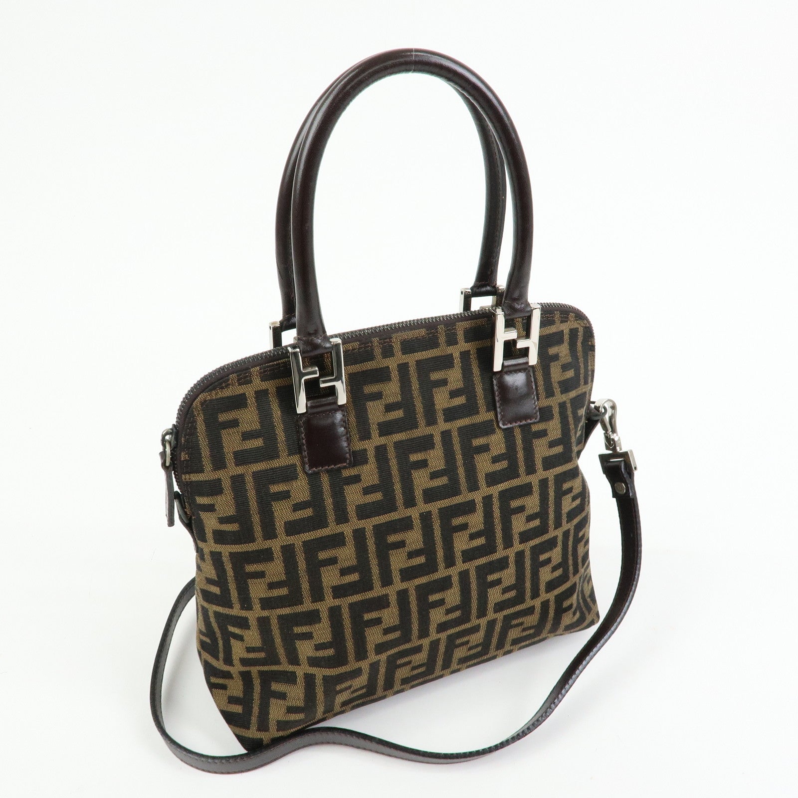 FENDI Zucca Jacquard Canvas Leather 2Way Bag Hand Bag Brown