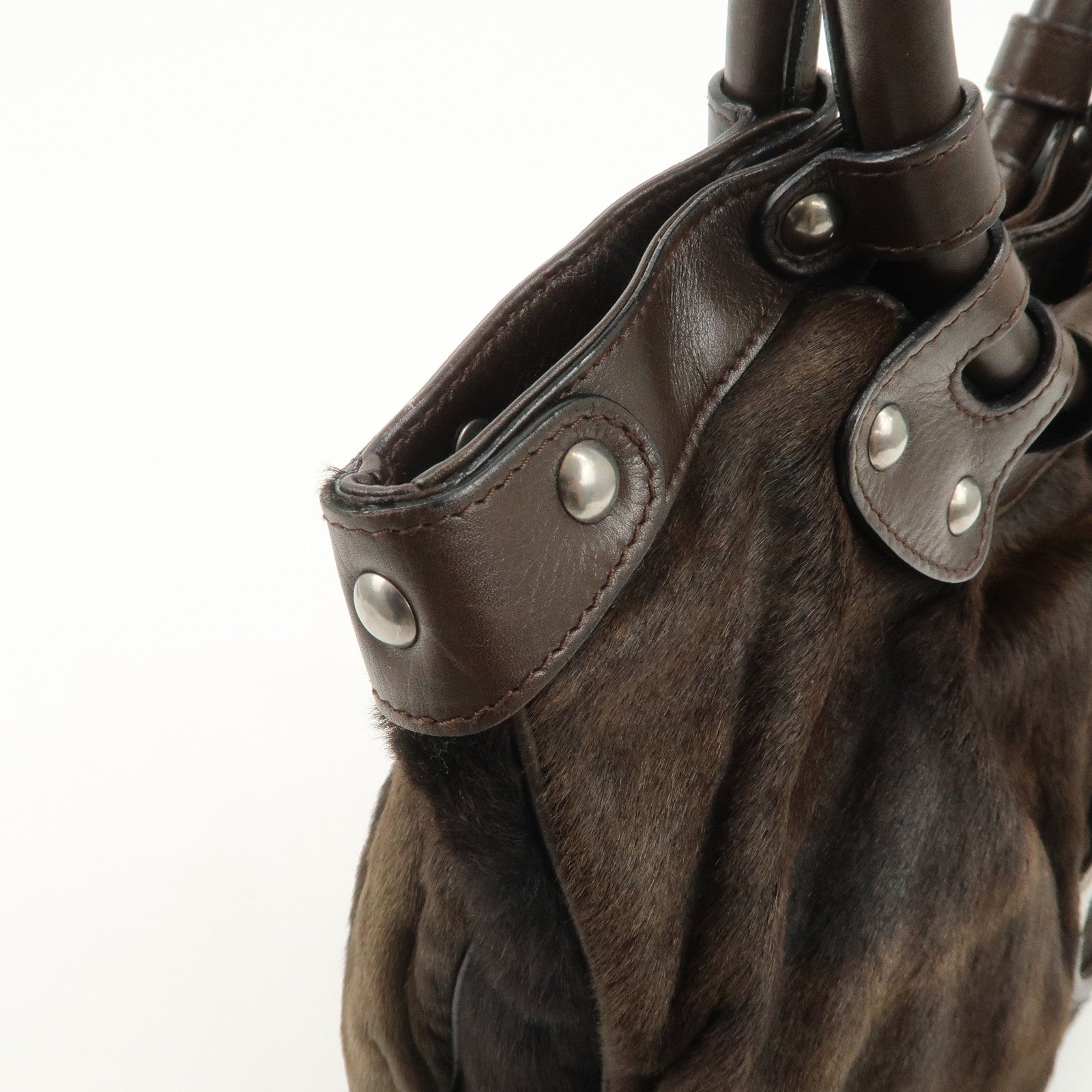 Ferragamo Gancini Unborn Calf Leather Hand Bag Dark Brown Used