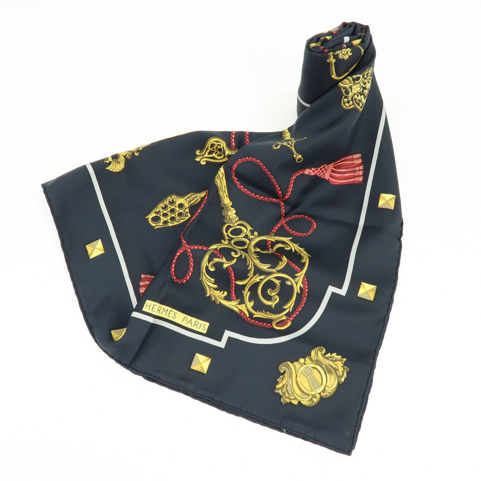 HERMES Carre 90 Silk 100% Scarf LES CLES THE KEYS RARE Black Gold