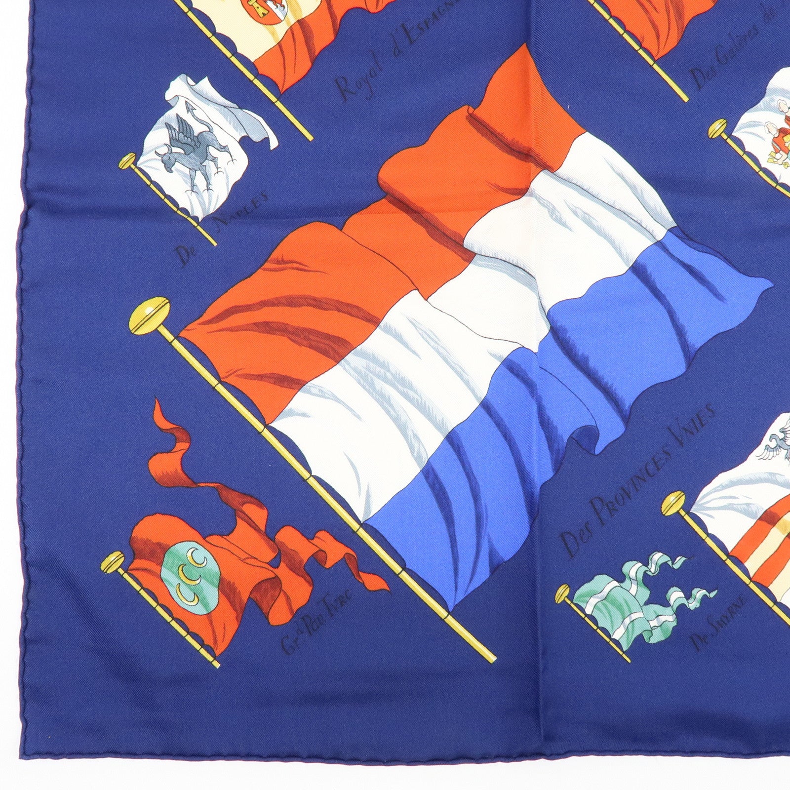 HERMES Carre 90 Silk 100% Scarf PAVOIS Ship Flag Print Navy Red
