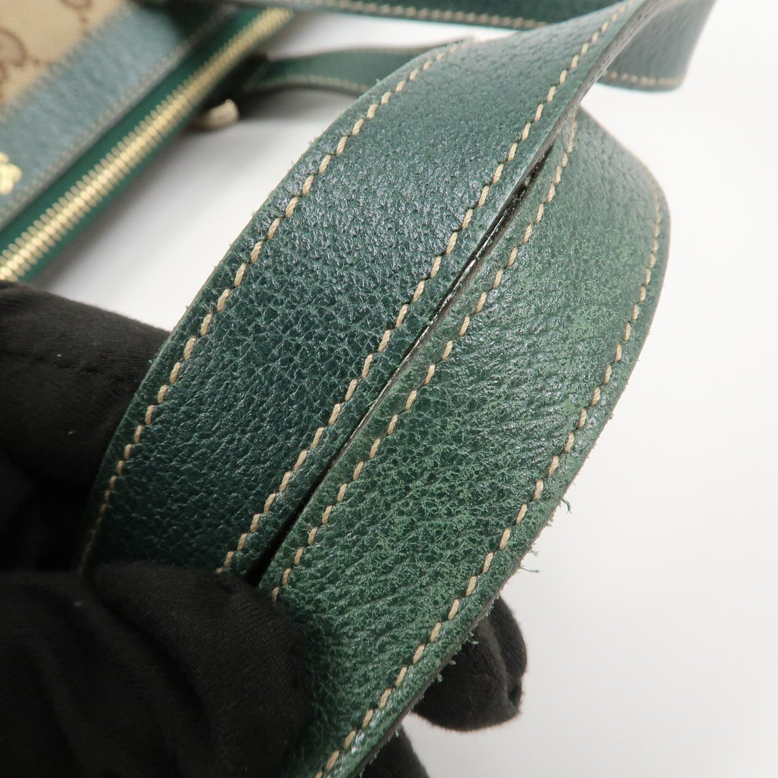 GUCCI Abbey GG Canvas Leather Tote Bag Beige Dark Green 141470