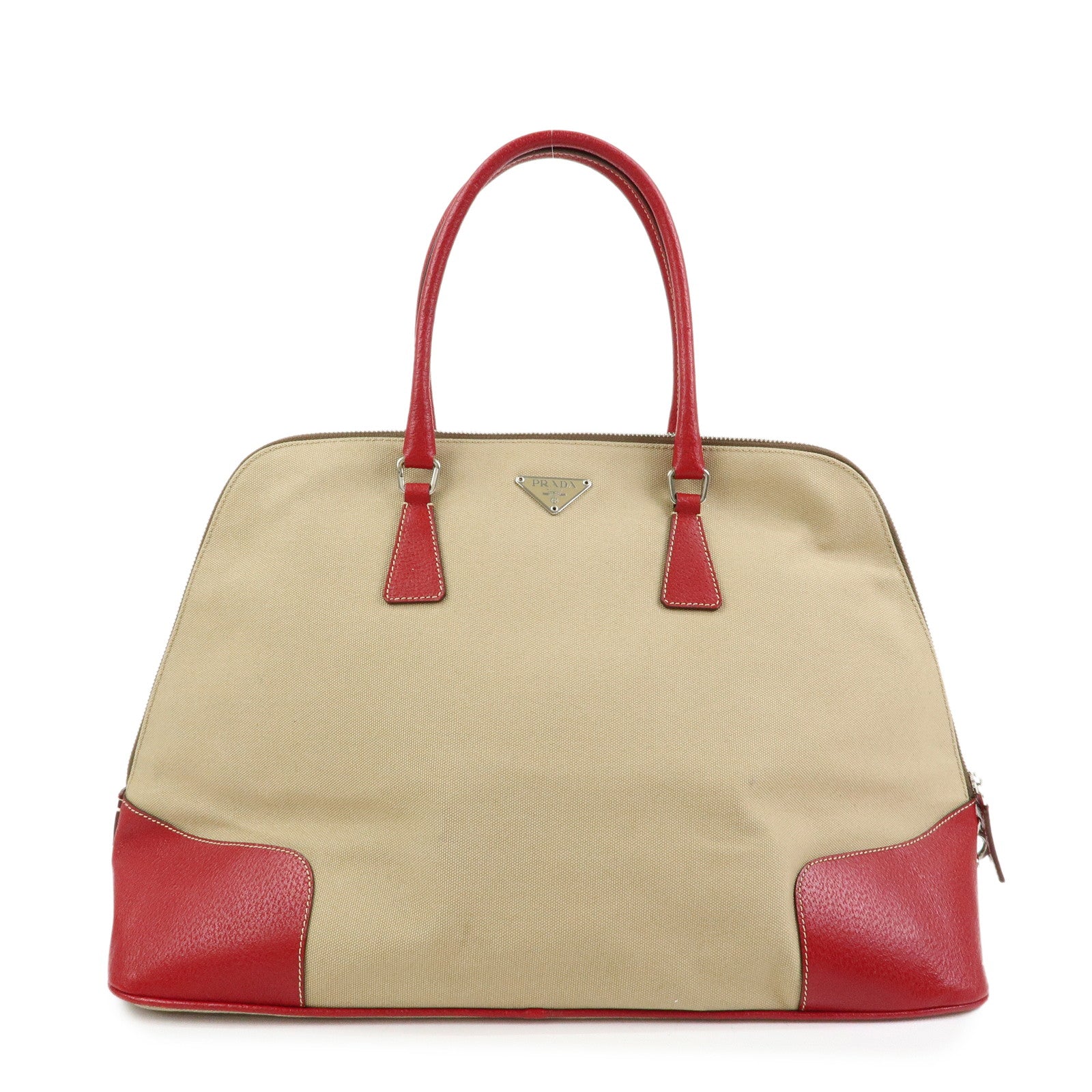 PRADA Triangle Logo Canvas Leather Hand Bag Beige Red