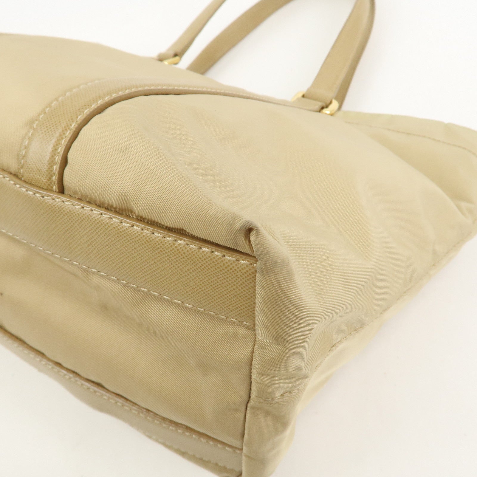 PRADA Triangle Logo Nylon Saffiano Leather Tote Bag Beige BR2311