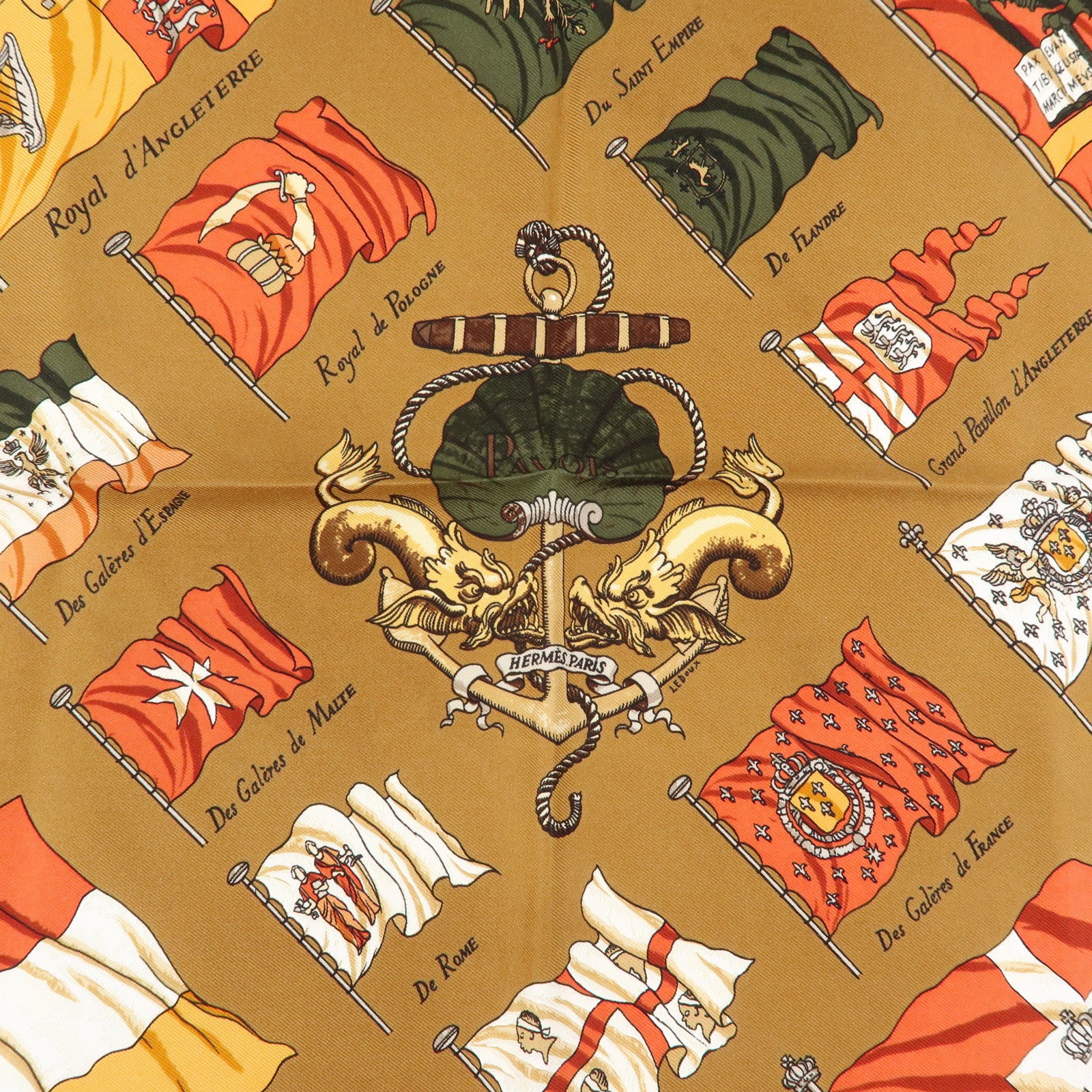 HERMES Carre 45 Silk 100% Scarf PAVOIS Brown Multicolor