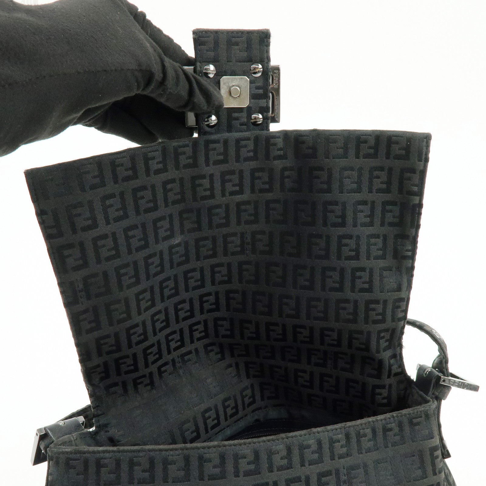 FENDI Zuccino Canvas Mamma Baguette Shoulder Bag Black 8BR001