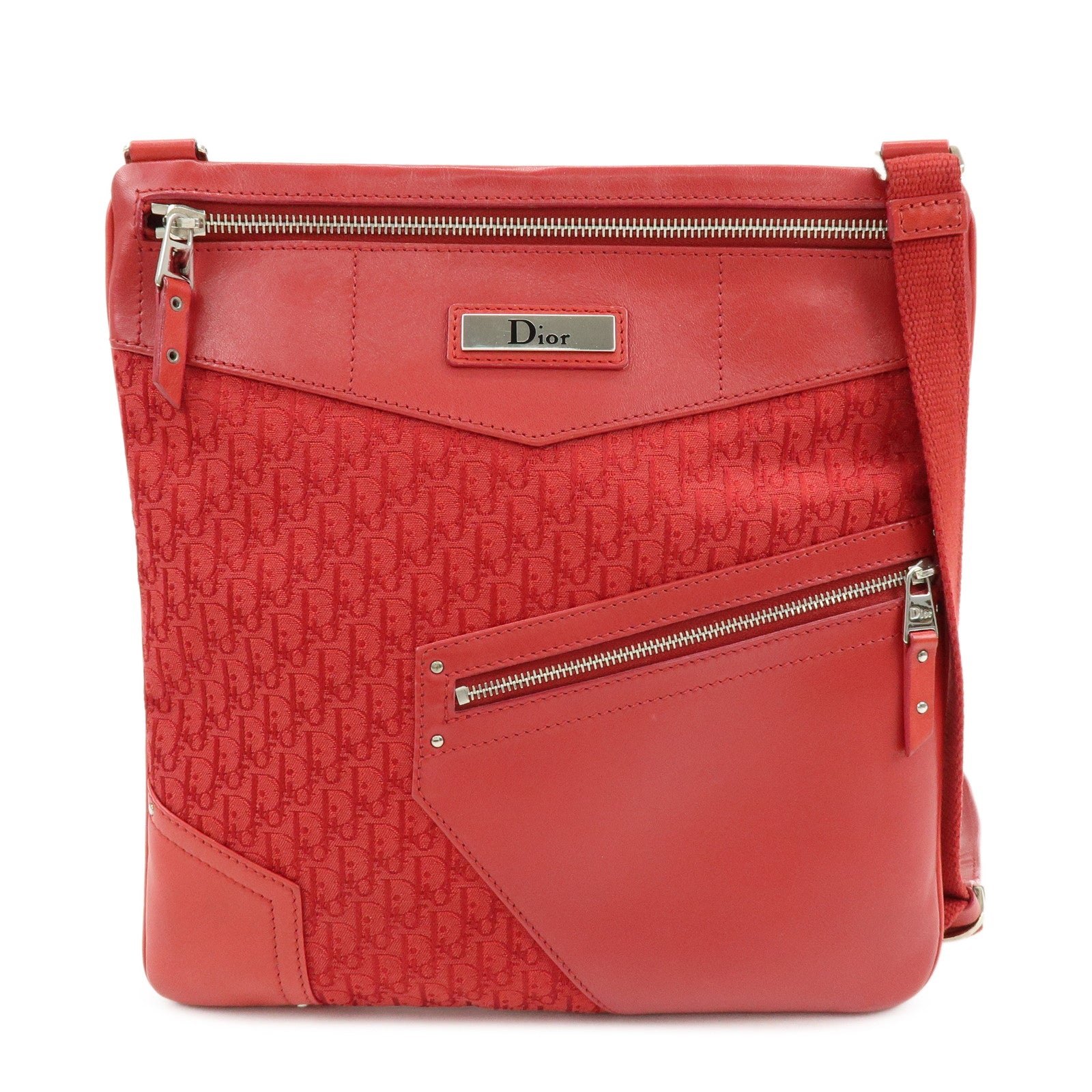 Christian Dior Trotter Jacguard Canvas Leather Shoulder Bag Red